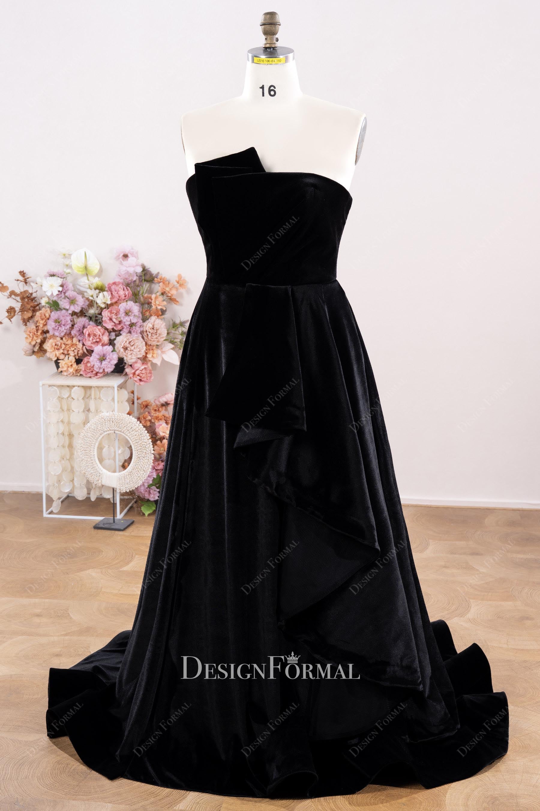black velvet asymmetrical neckline prom dress