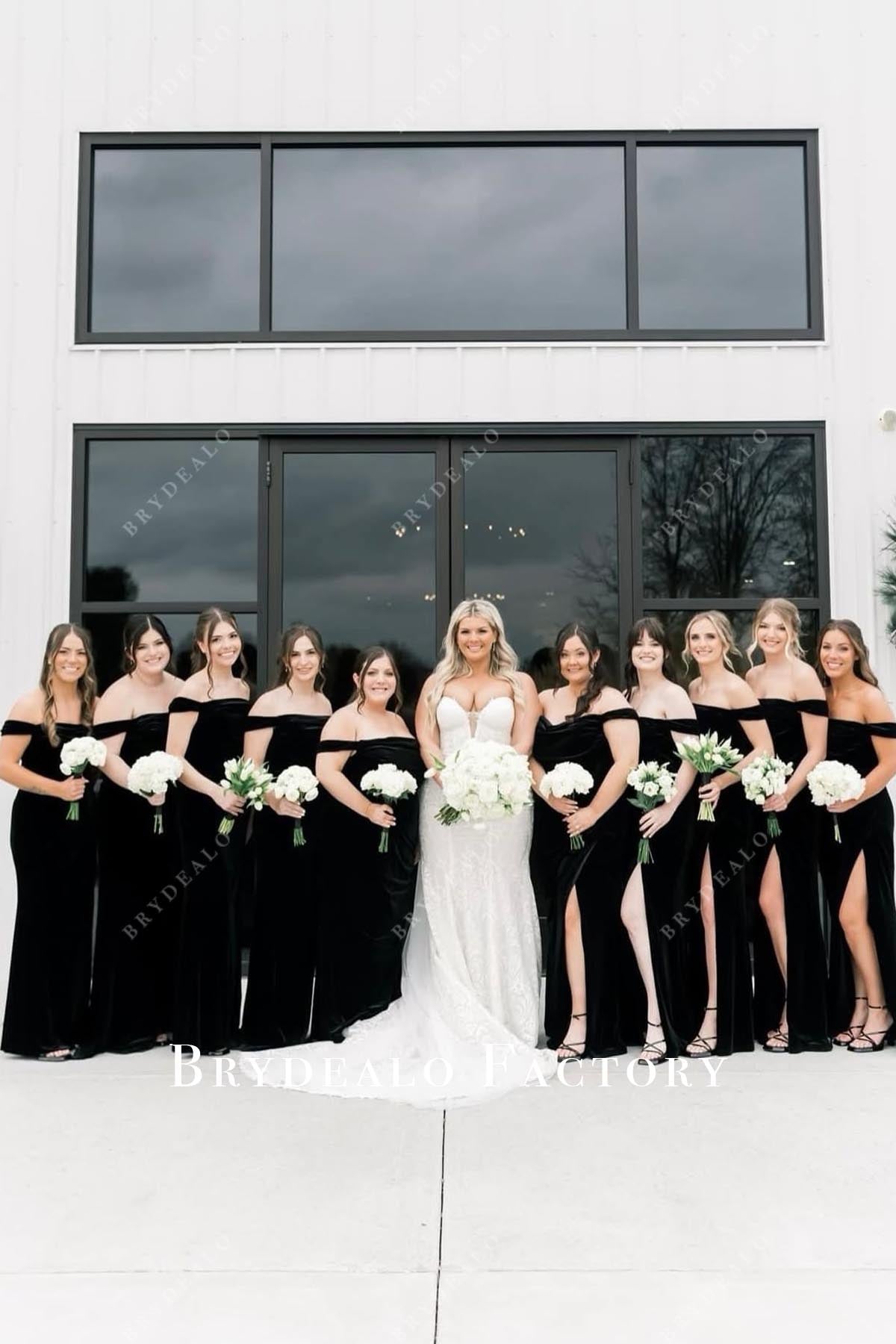 black velvet off shoulder bridesmaid dress