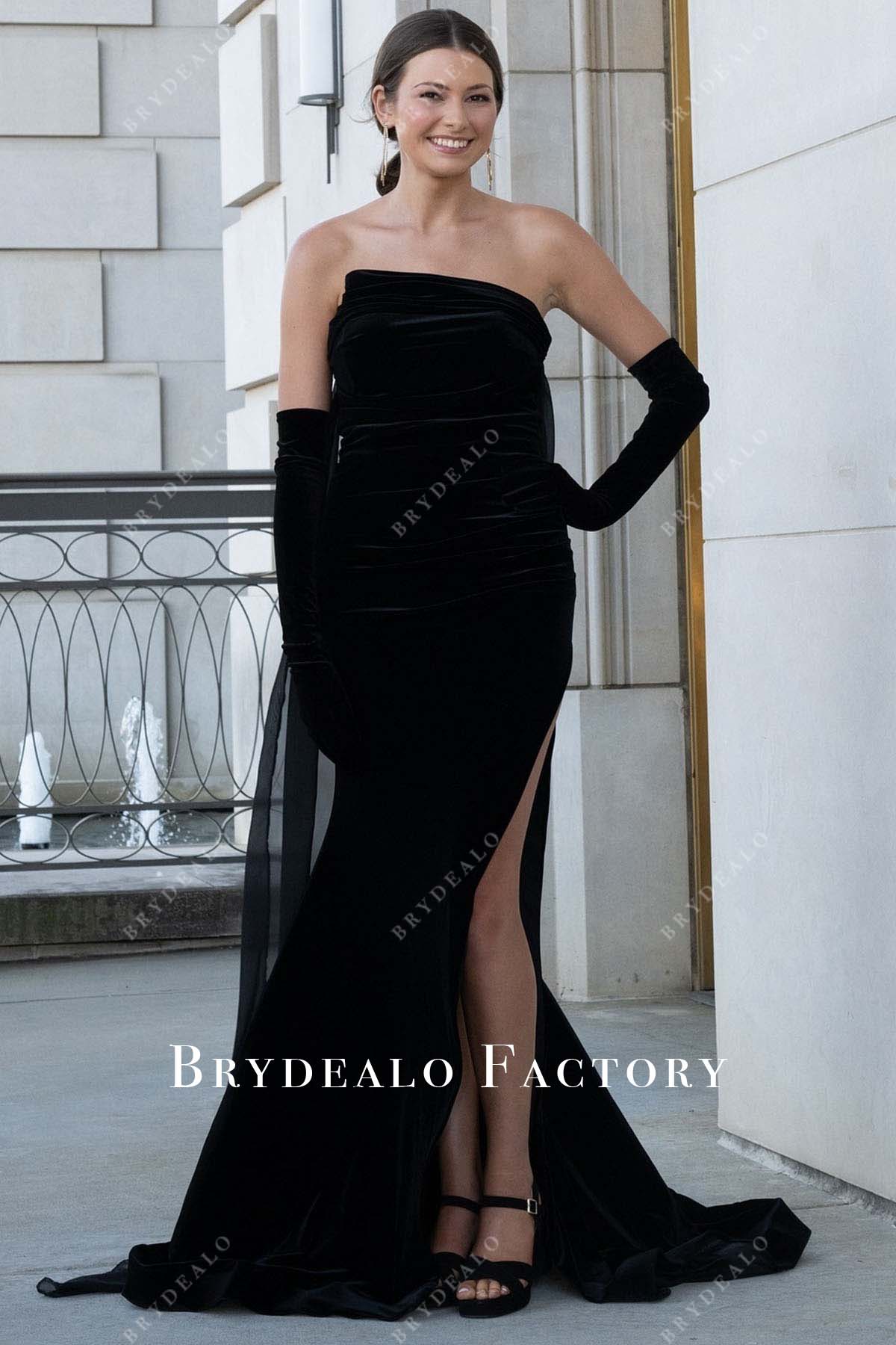 Black Velvet Strapless Long Train Homecoming Prom Dress, Dress + Gloves Black Velvet Strapless Long Train Homecoming Prom Dress, Dress + Gloves