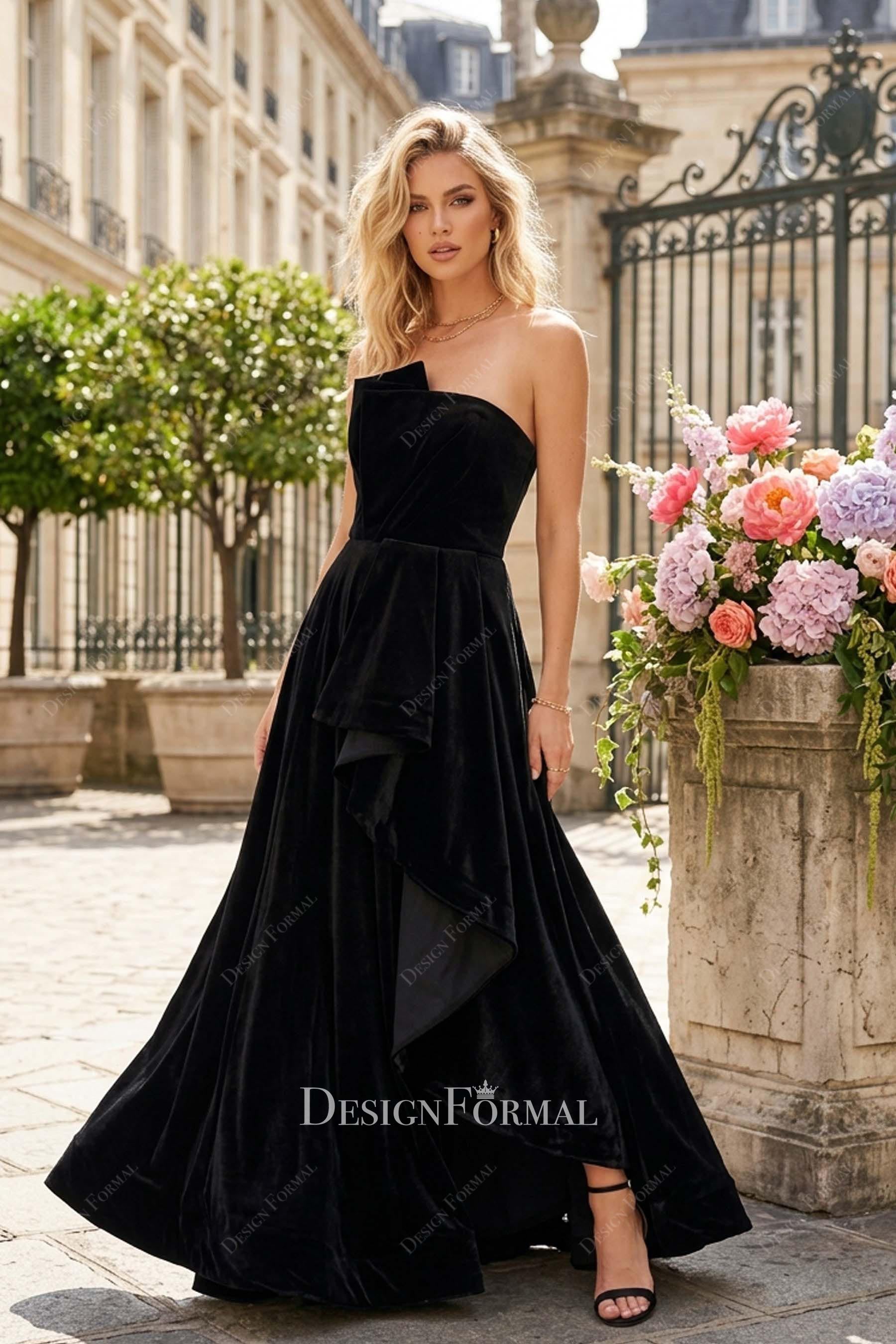 Plus Size Black Velvet Strapless High Split A-Line Evening Gown