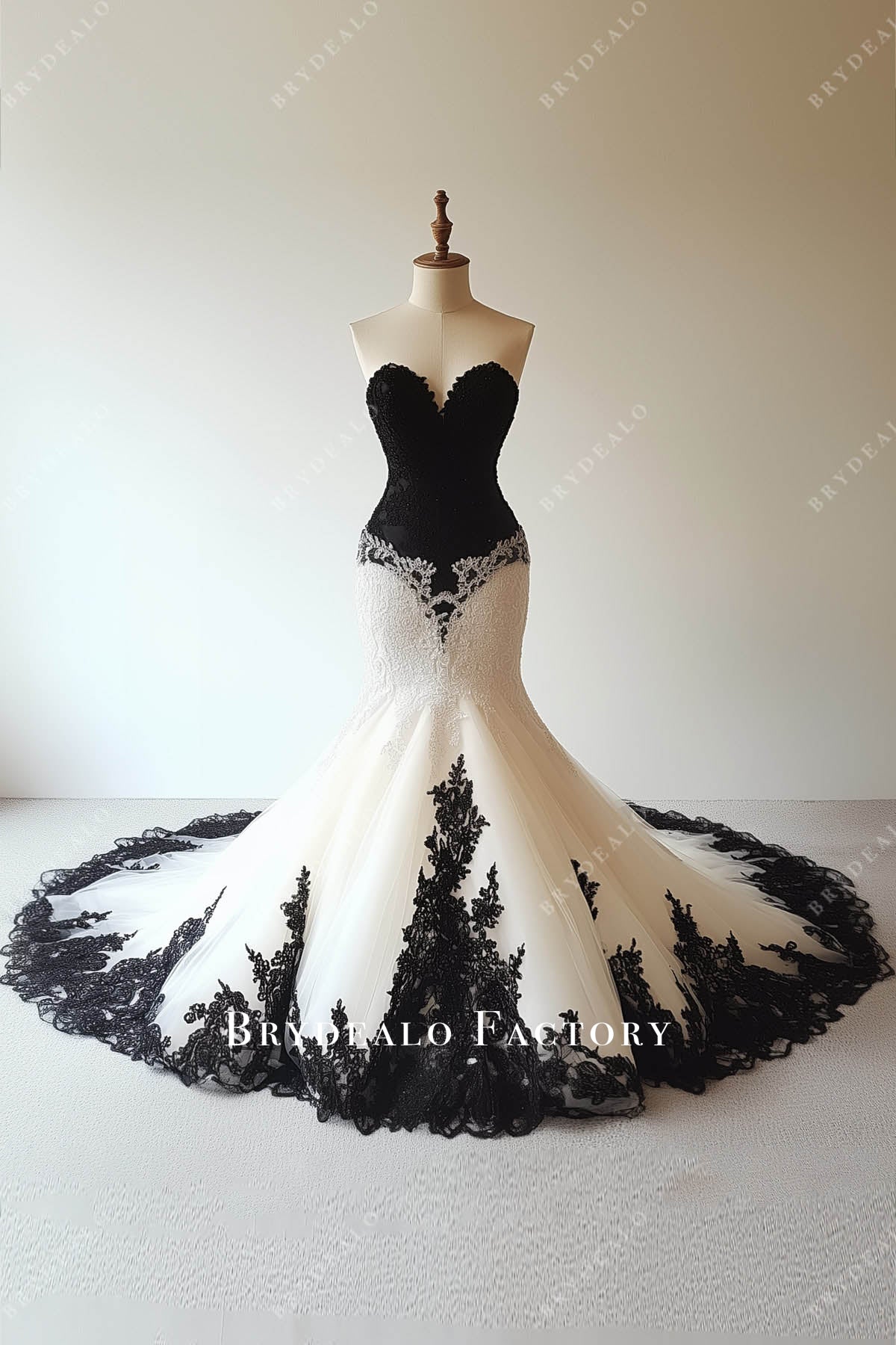 Black White Lace Strapless Trumpet Gothic Wedding Dress, Black Black White Lace Strapless Trumpet Gothic Wedding Dress, Black
