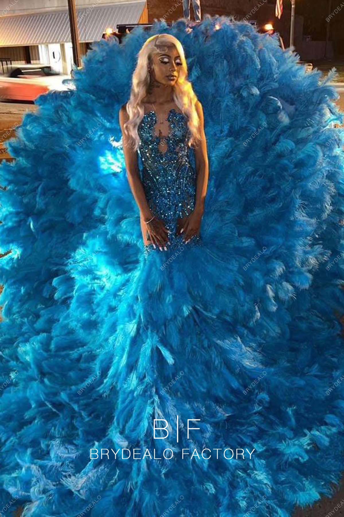 Pool Blue Big Feathers Trumpet Luxury Sequins Prom Dress