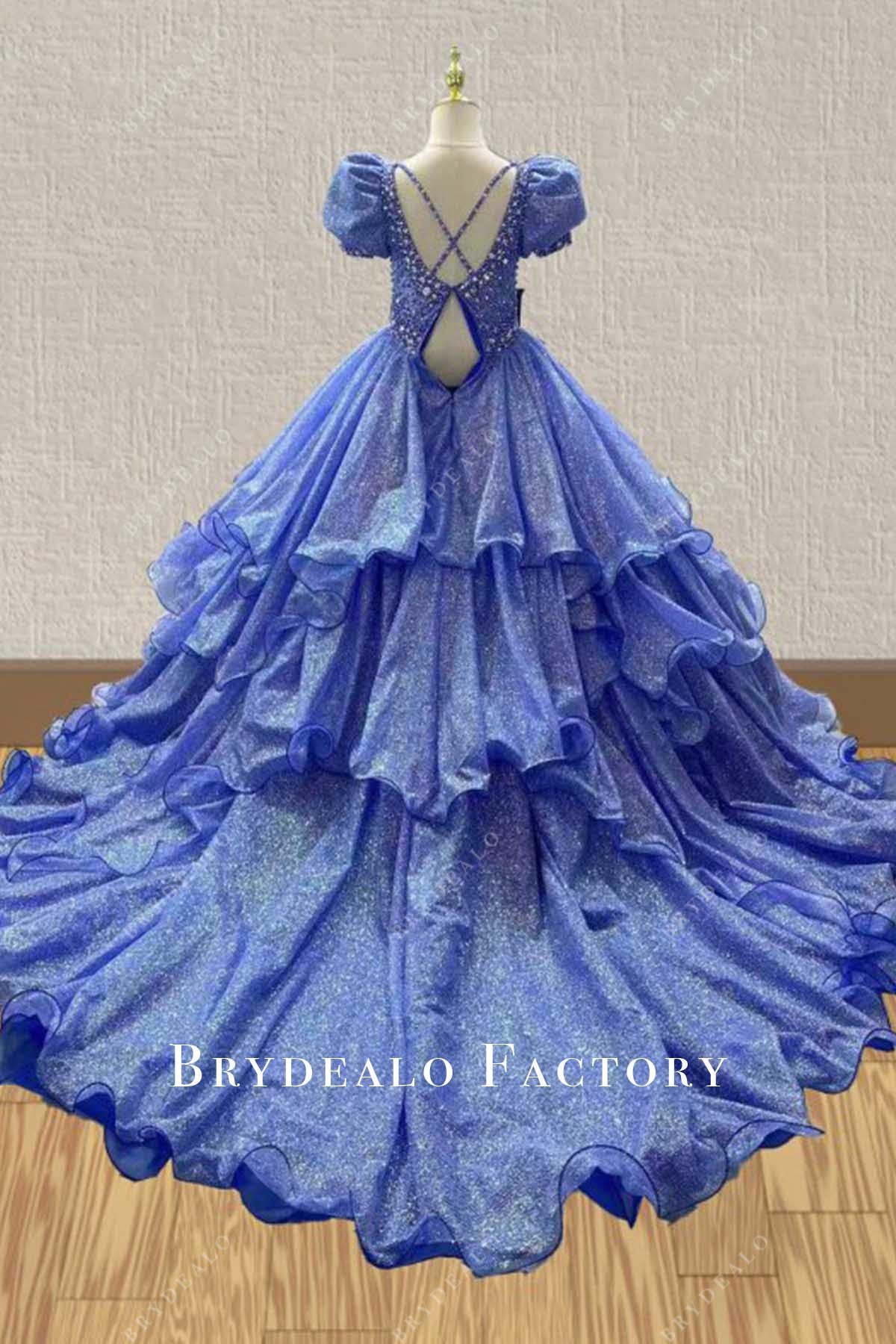 blue chapel train pageant dress