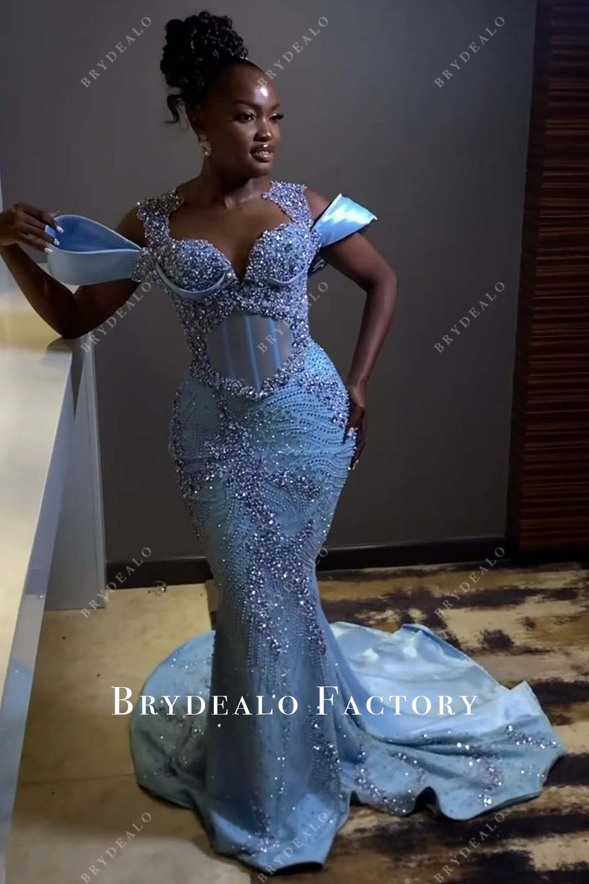 Sparkly Rhinestones Blue Mermaid Long Train Prom Dress