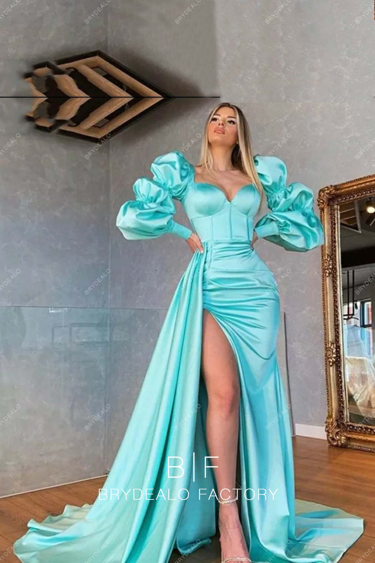 Spa Blue Satin Marie Sleeve Sweetheart Neck Slit Long Prom Dress Spa Blue Satin Marie Sleeve Sweetheart Neck Slit Long Prom Dress