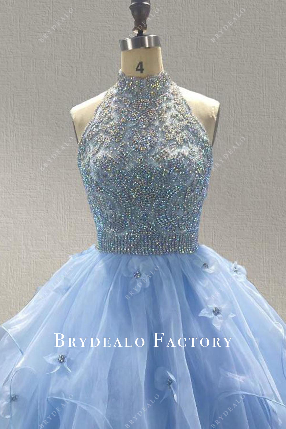 blue crystals high neck pageant dress