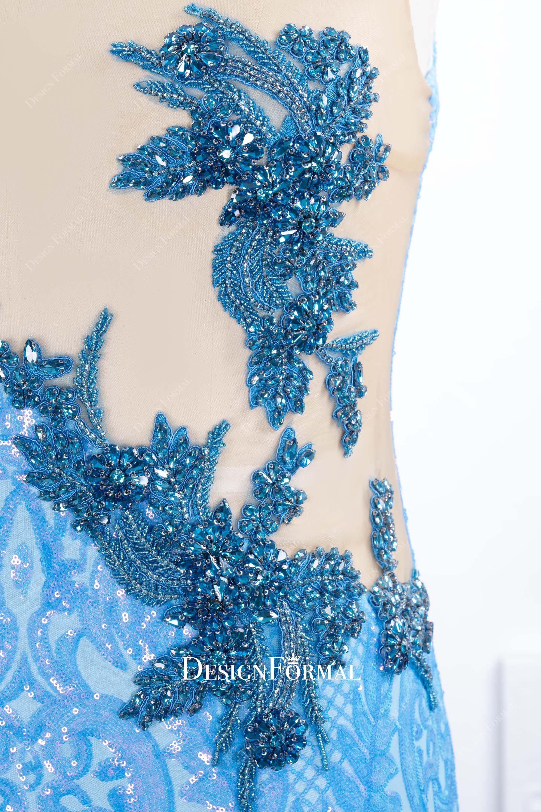 blue crystals lace appliques prom dress
