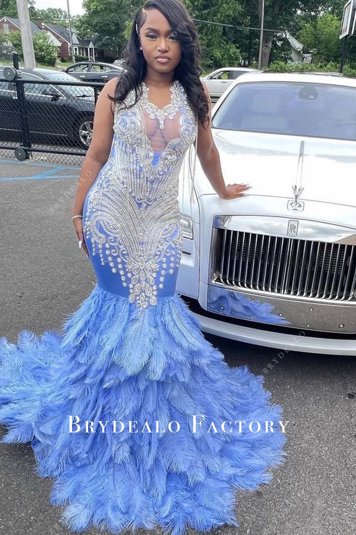 Blue Big Ostrich Feather Trumpet Rhinestone Sleeveless Prom Dress