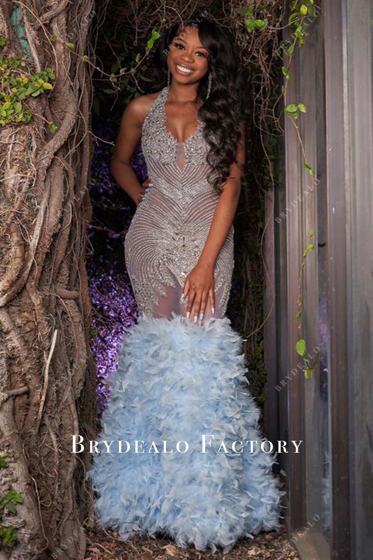 Rhinestone Sleeveless Sky Blue Feather Trumpet Prom Dress