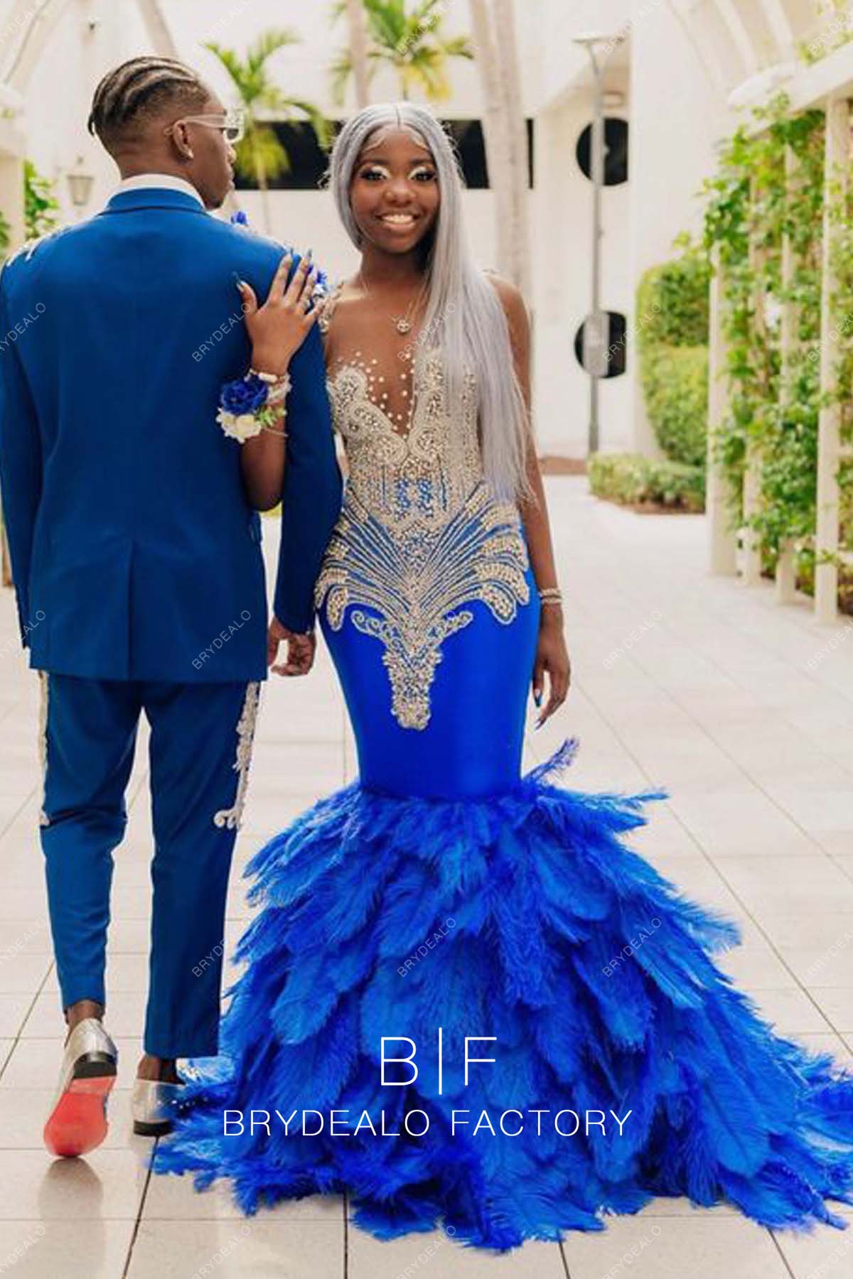 Sparkly Rhinestones Royal Blue Big Feathers Trumpet Long Prom Dress
