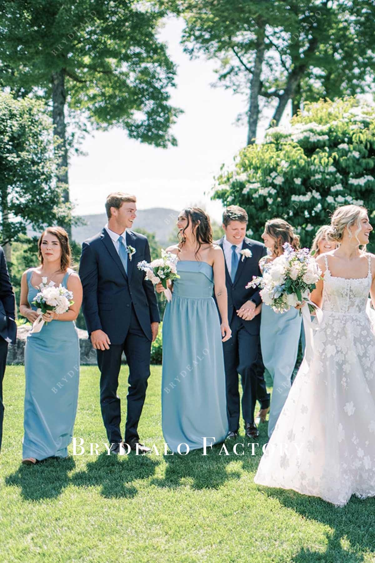blue floor length mismatched bridesmaid dresses