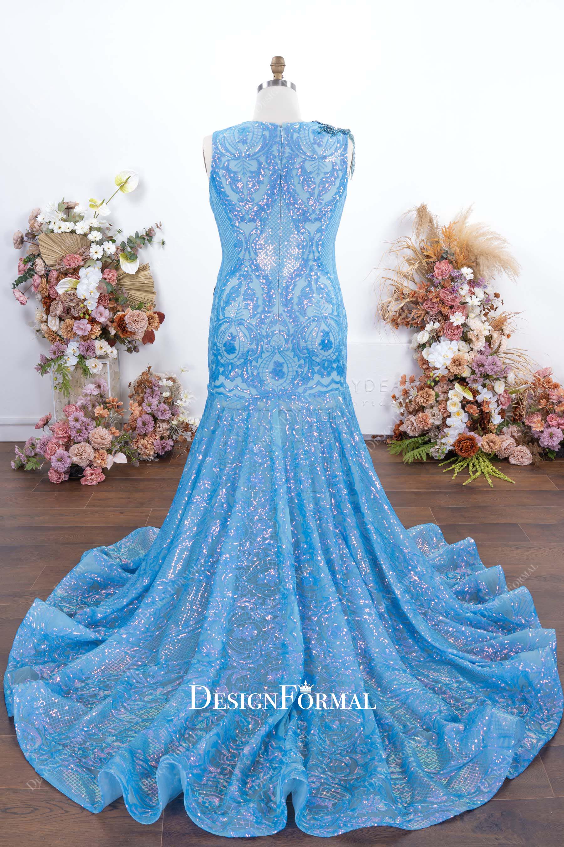 blue glitter trumpet chapel train prom dress