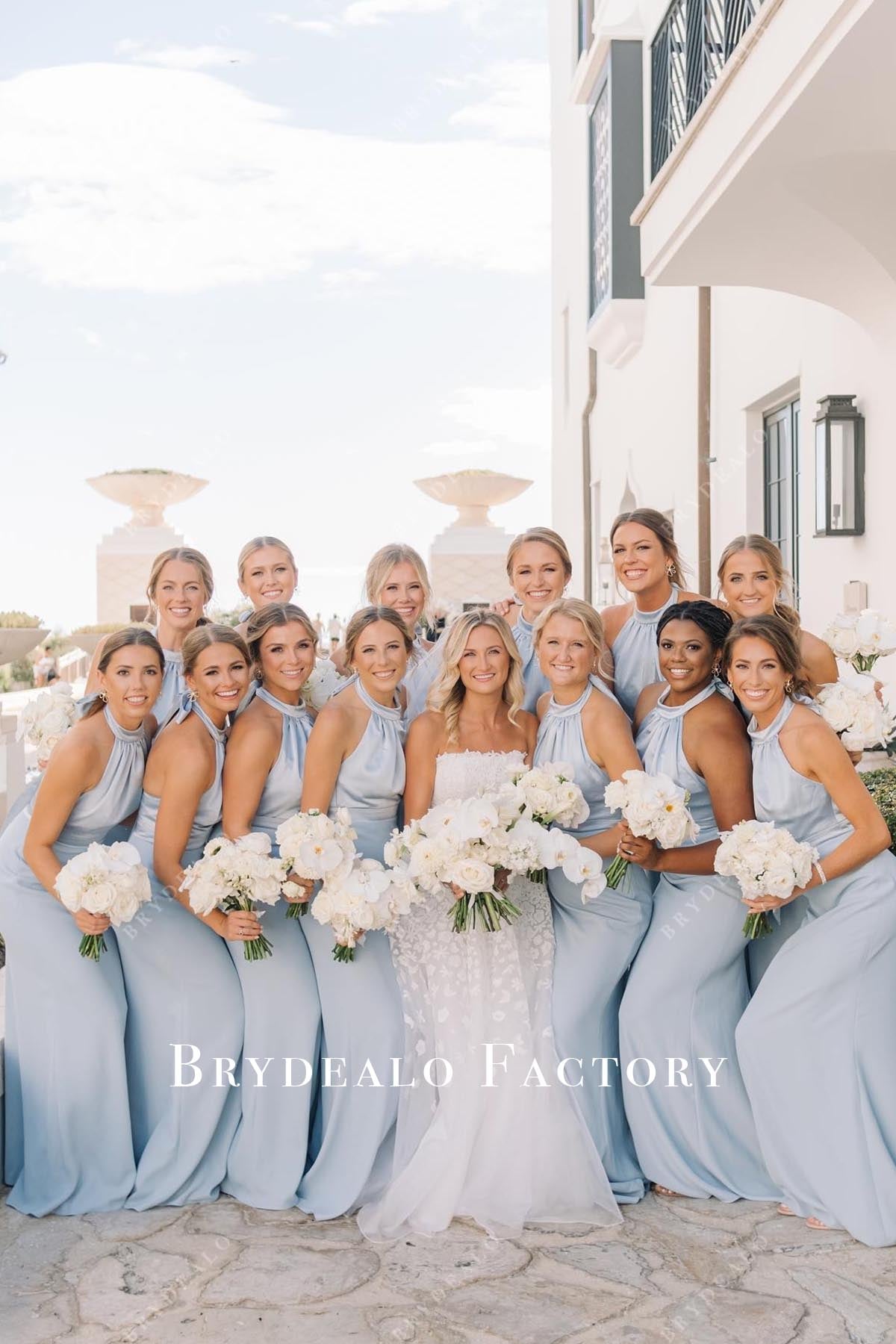 Blue Sleeveless Halter Fit Flare Bridesmaid Dress