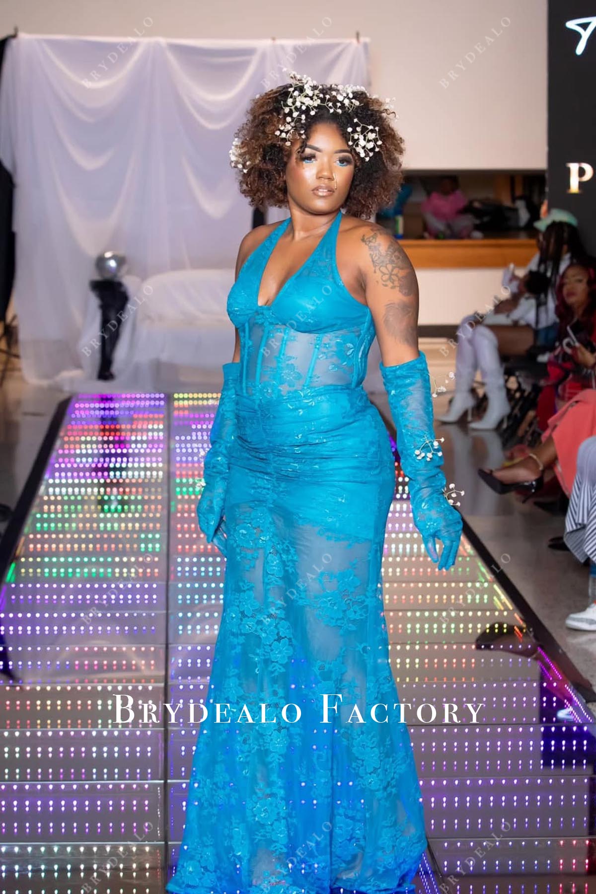 blue halter prom dress