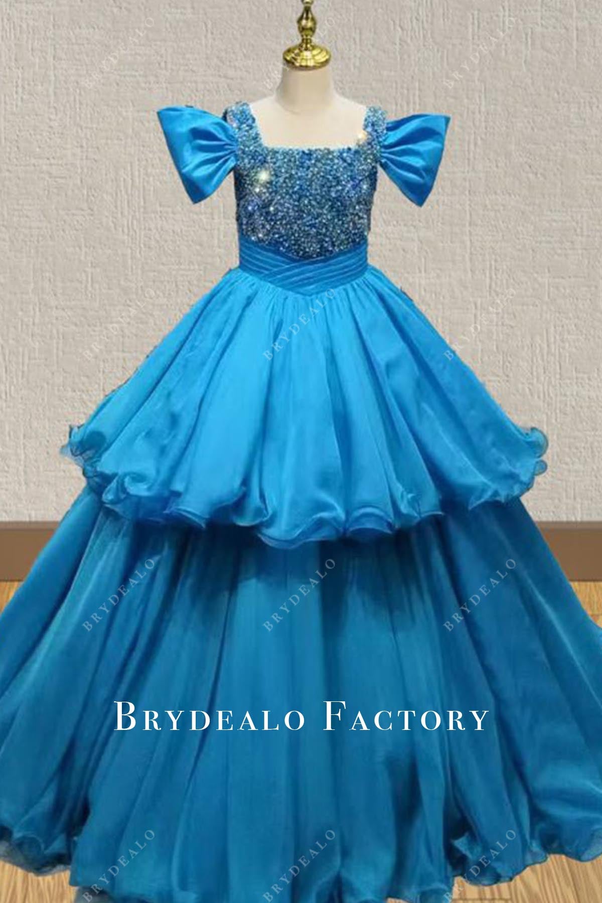 Crystals Blue Jay Cold Shoulder Sleeves Pageant Dress
