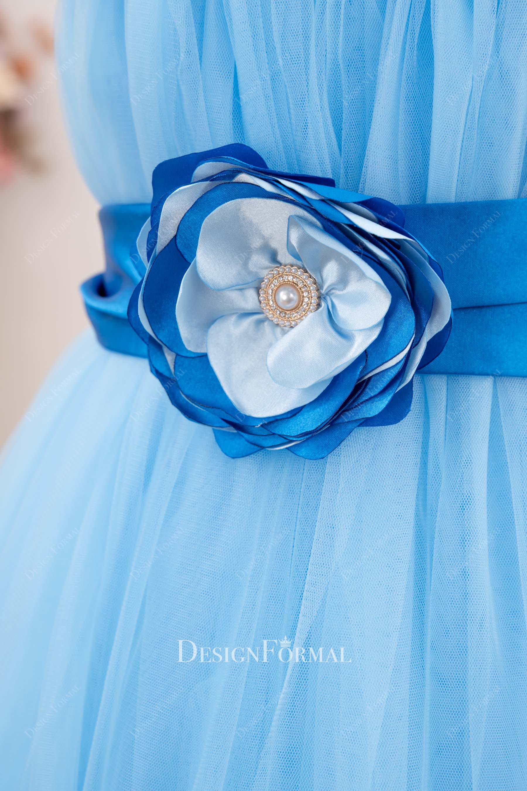 Blue Tulle Lace Strap 3D Floral A-Line Flower Girl Dress