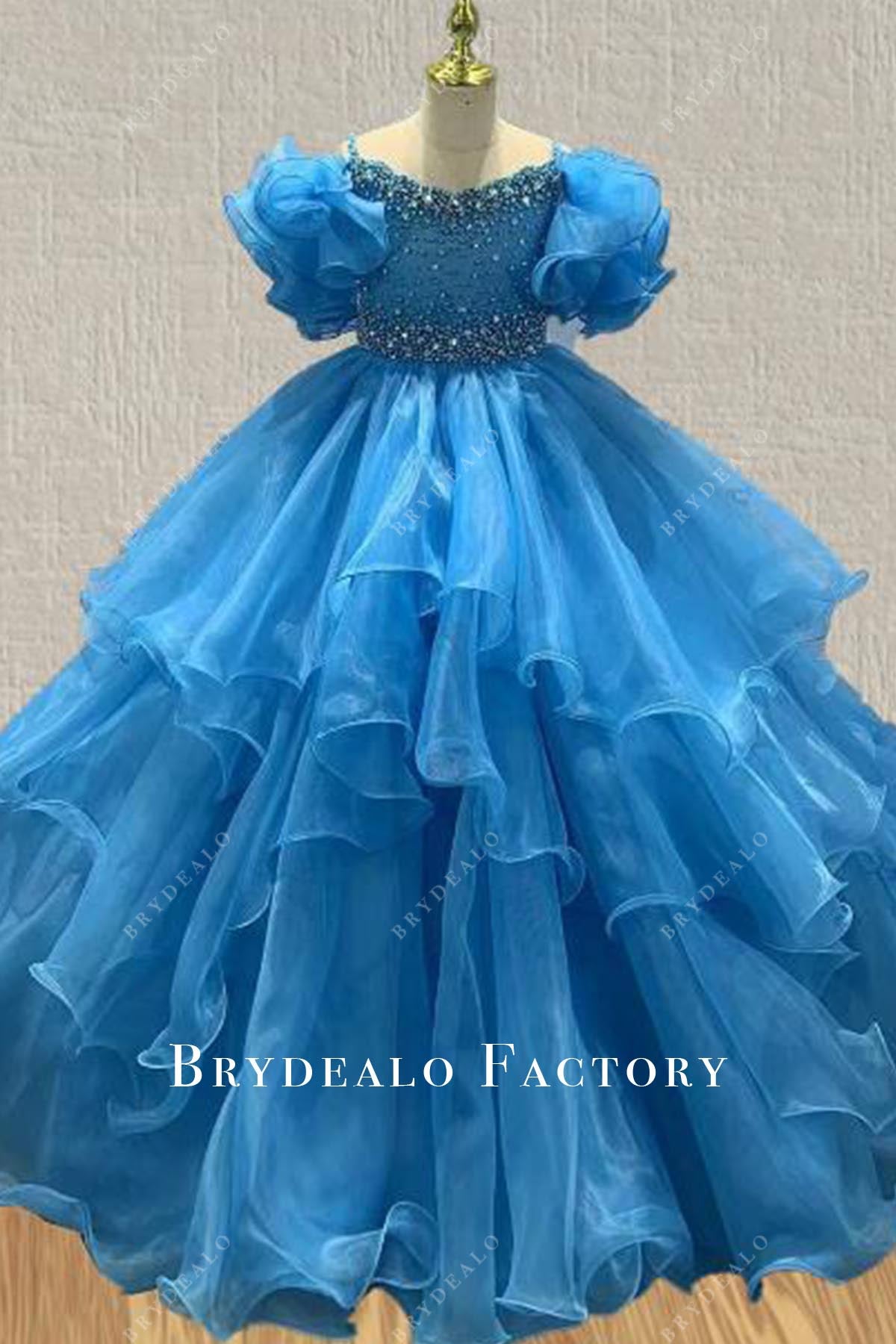 Blue Jay Ruffled Sleeves Puffy Ball Gown Pageant Kids Dress