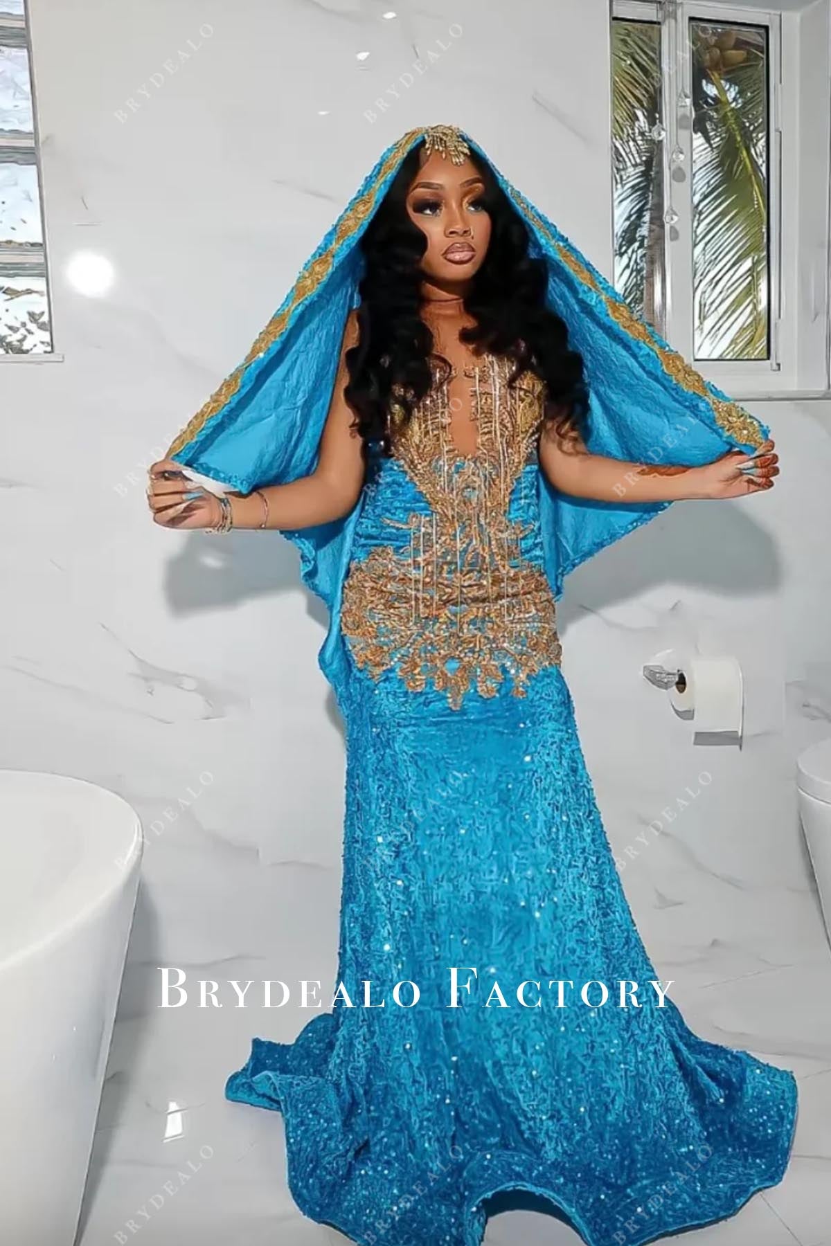 homecoming yellow dress Sparkly Sequin Illusion Neck Shawl Mermaid Arabian Prom Dress, Dress Only