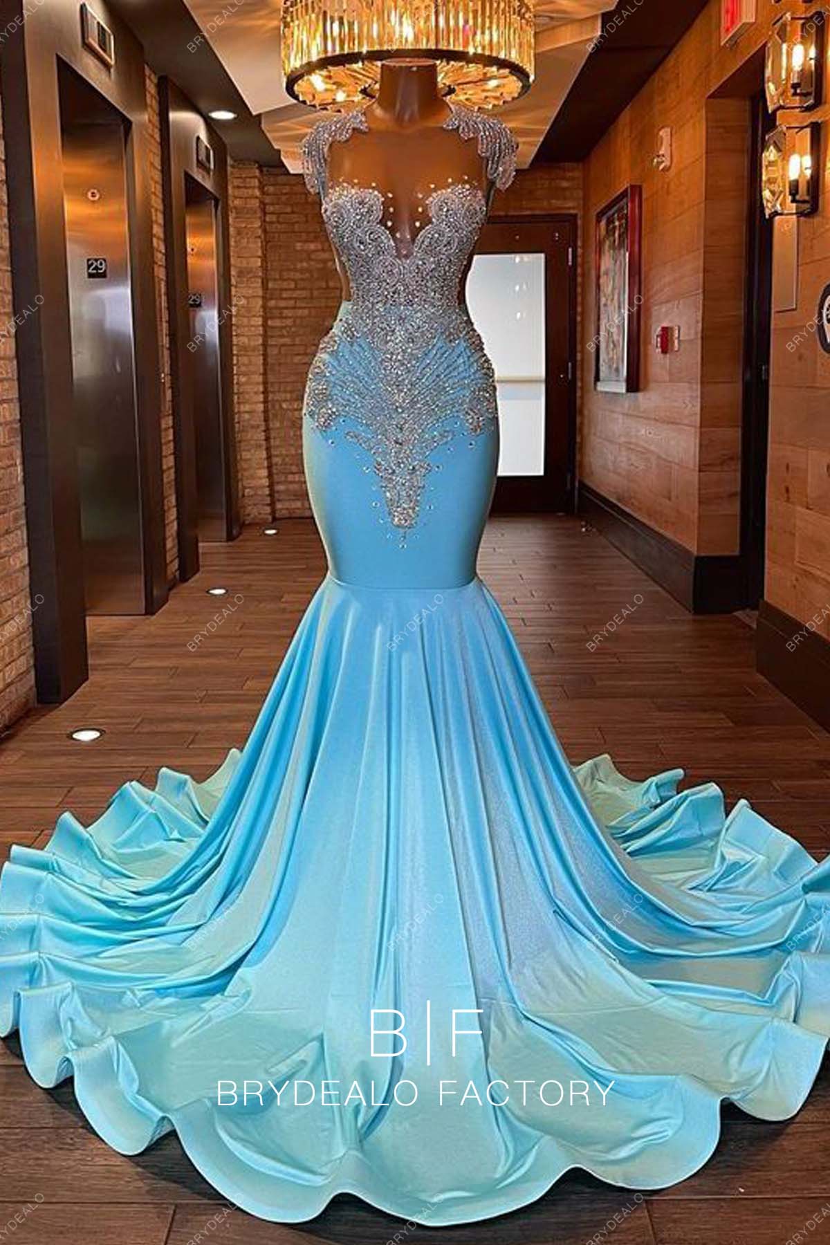 Rhinestones Pool Blue Long Train Prom Dress