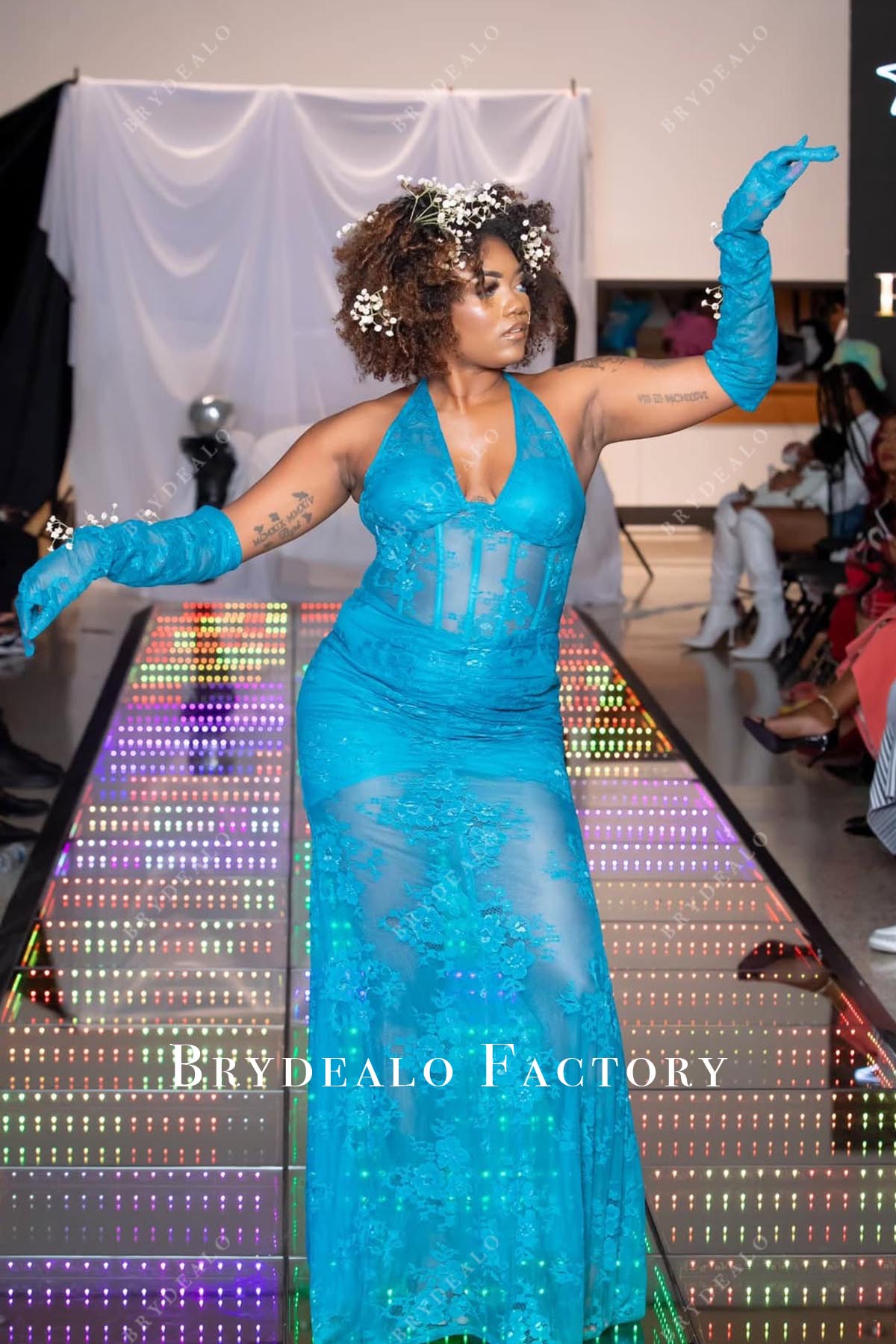 blue lace fit flare prom dress