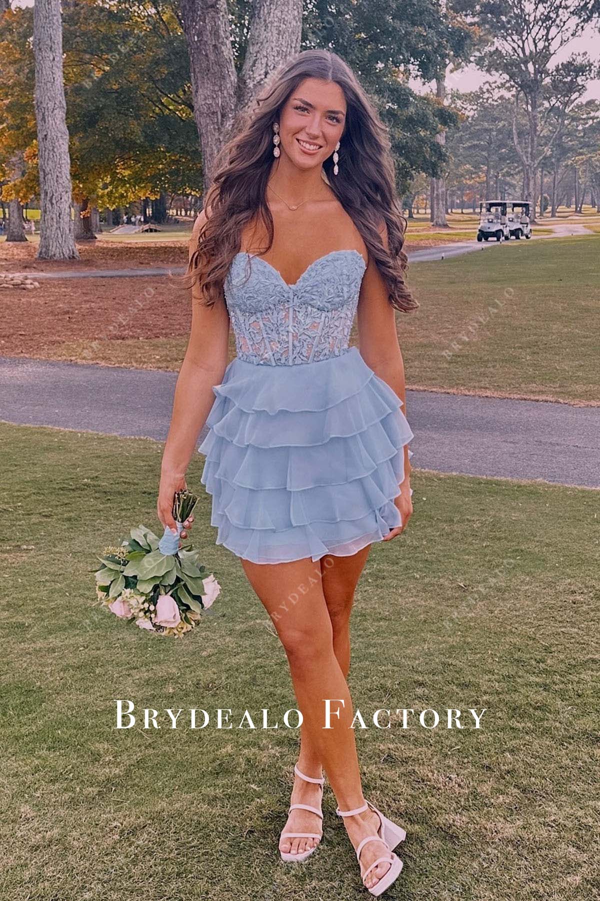 Blue Lace Bodice Layered Chiffon Mini Homecoming Prom Dress Blue Lace Bodice Layered Chiffon Mini Homecoming Prom Dress
