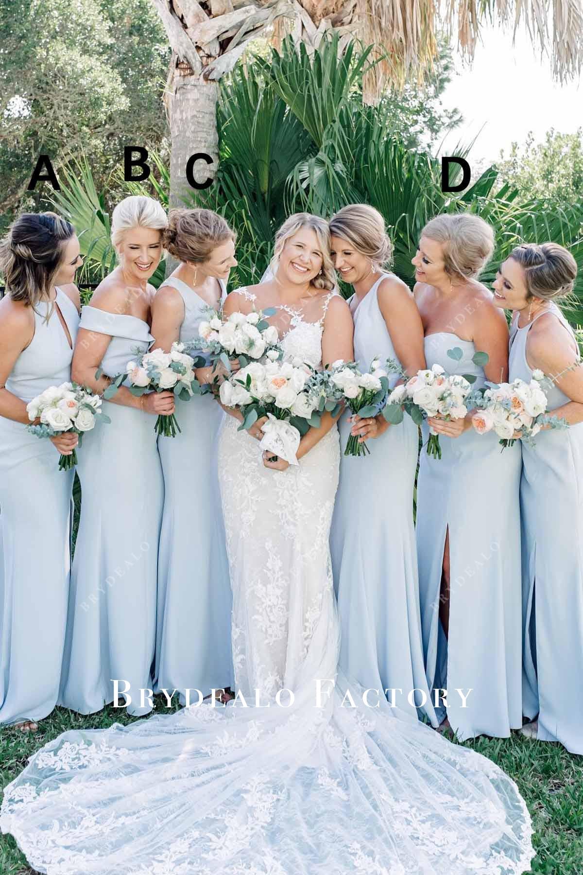Blue Fit Flare Floor Length Mismatched Bridesmaid Dresses, Dress D