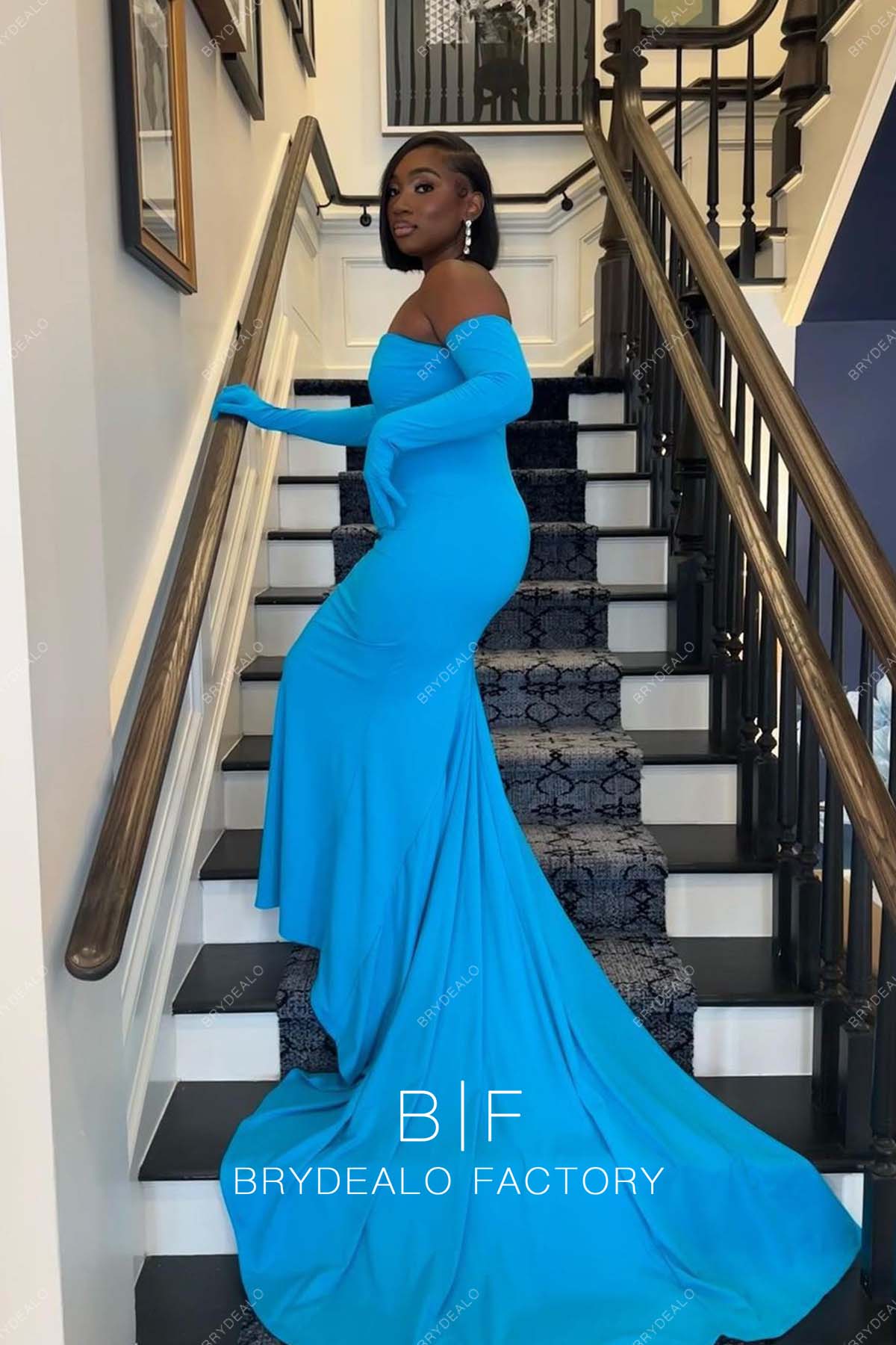 Simple Off Shoulder Blue Long Train Mermaid Elastic Prom Evening Dress Simple Off Shoulder Blue Long Train Mermaid Elastic Prom Evening Dress