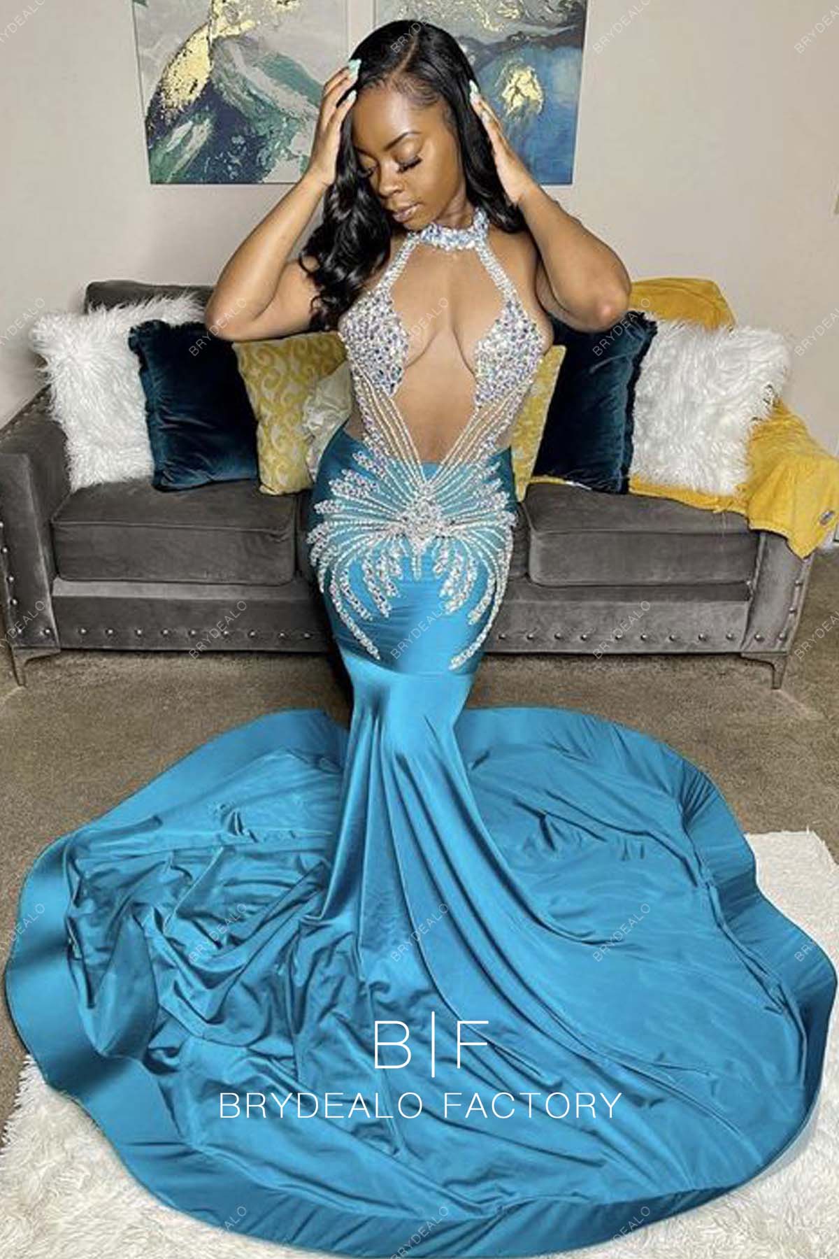 Rhinestones Blue Halter Neck Spandex Mermaid Long Train Prom Dress