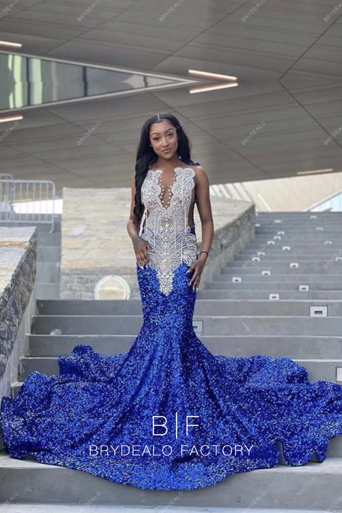 Royal Blue Sequin Mermaid Long Train Rhinestone Plunging Prom Dress