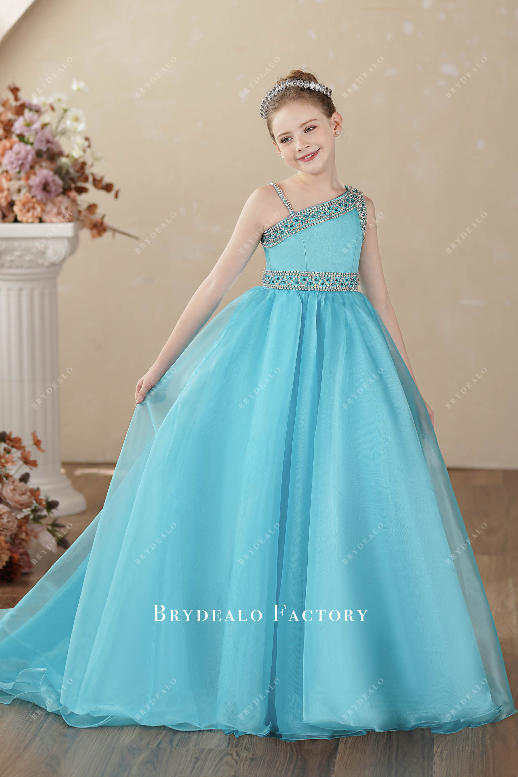 Rhinestones Pool Blue Organza Asymmetrical Neck Teen Pageant Gown