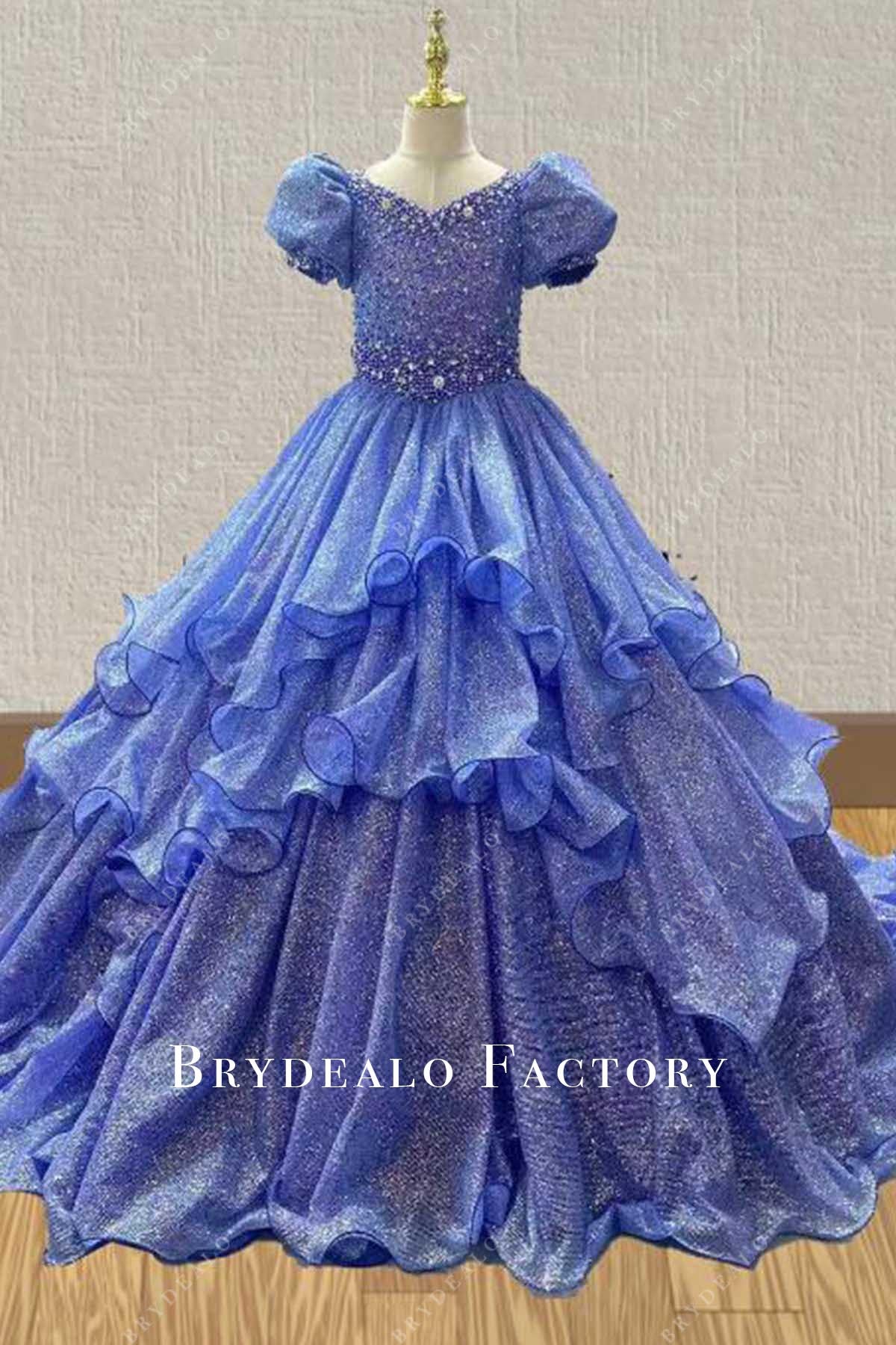 Crystals Blue Puffy Sleeves A-Line Kids Pageant Dress