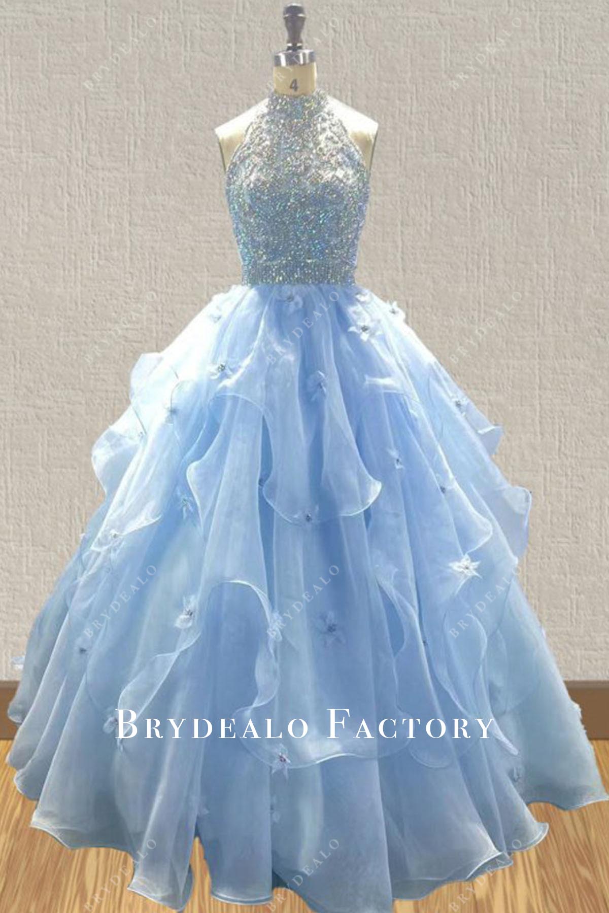 blue rhinestones halter pageant dress