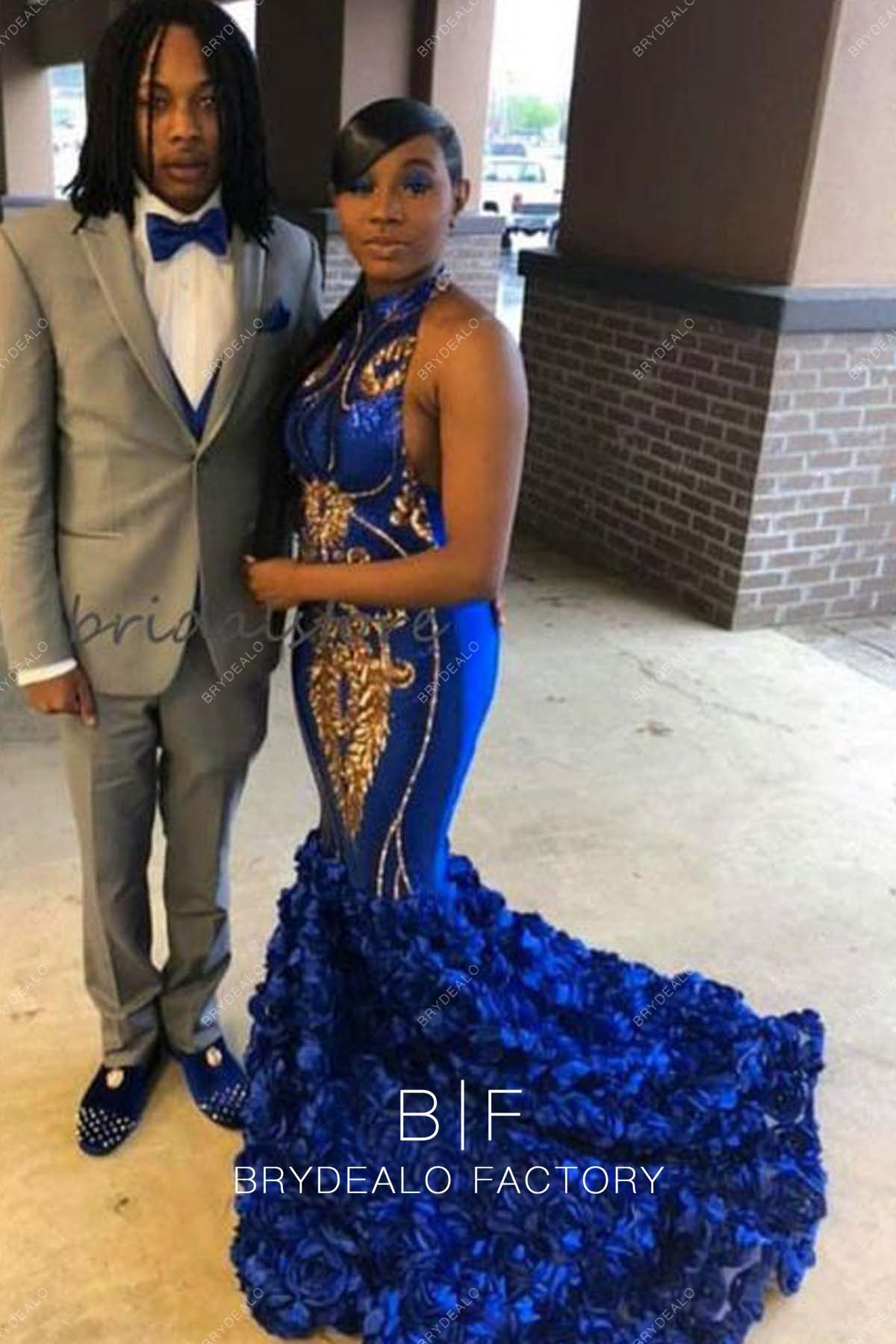 Royal Blue 3D Rose Flowers Trumpet Halter Prom Dress