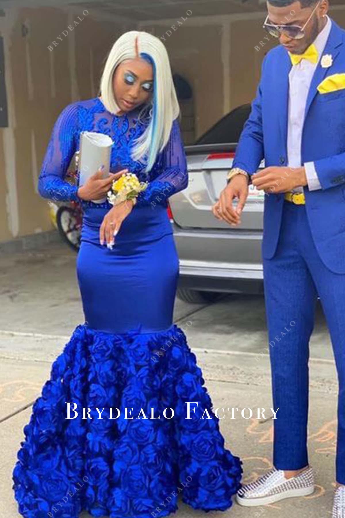 Royal Blue Sequin Long Sleeve Floor Length Trumpet 3D Roses Prom Dress Royal Blue Sequin Long Sleeve Floor Length Trumpet 3D Roses Prom Dress