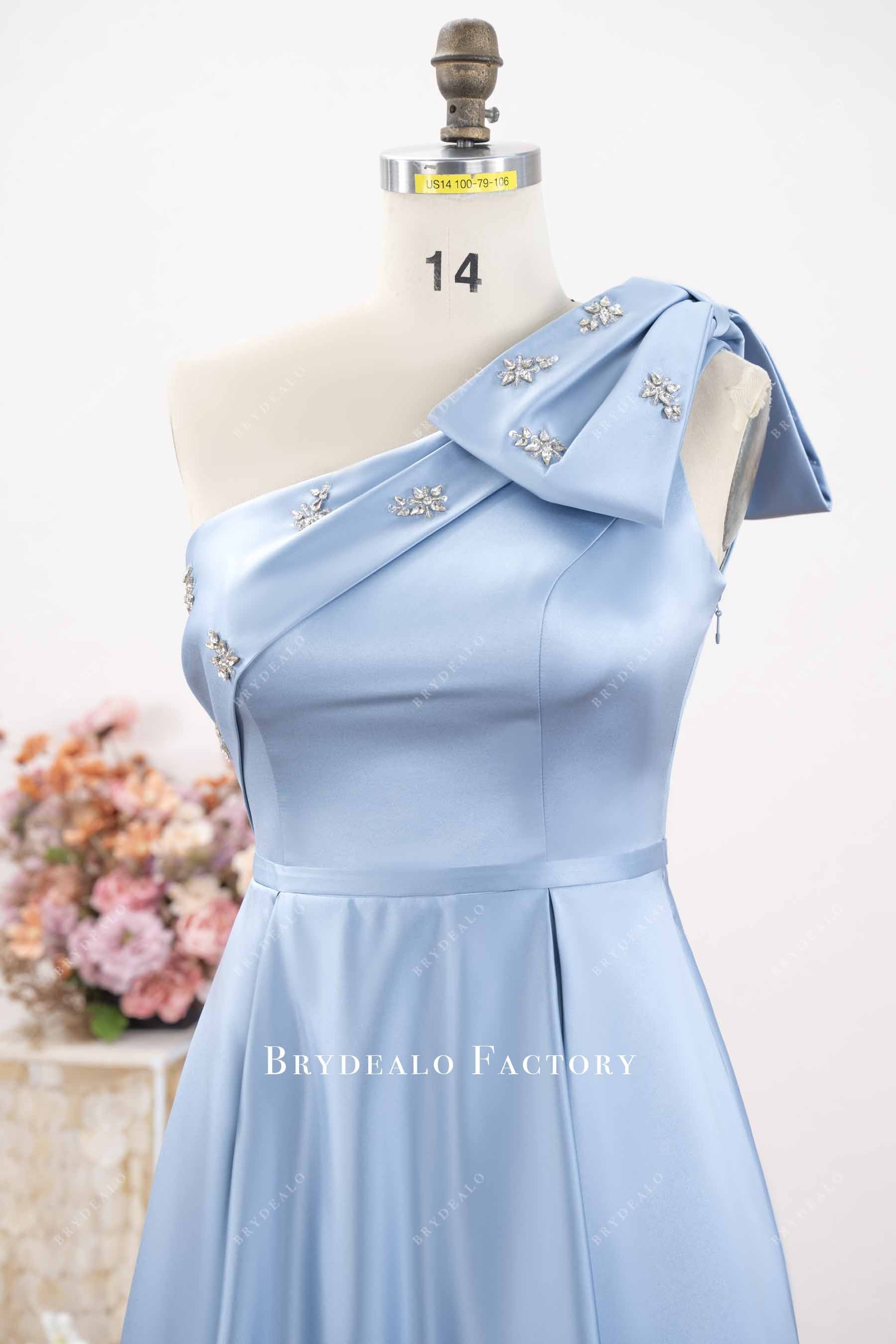 blue satin rhinestone large bowknot formal dress