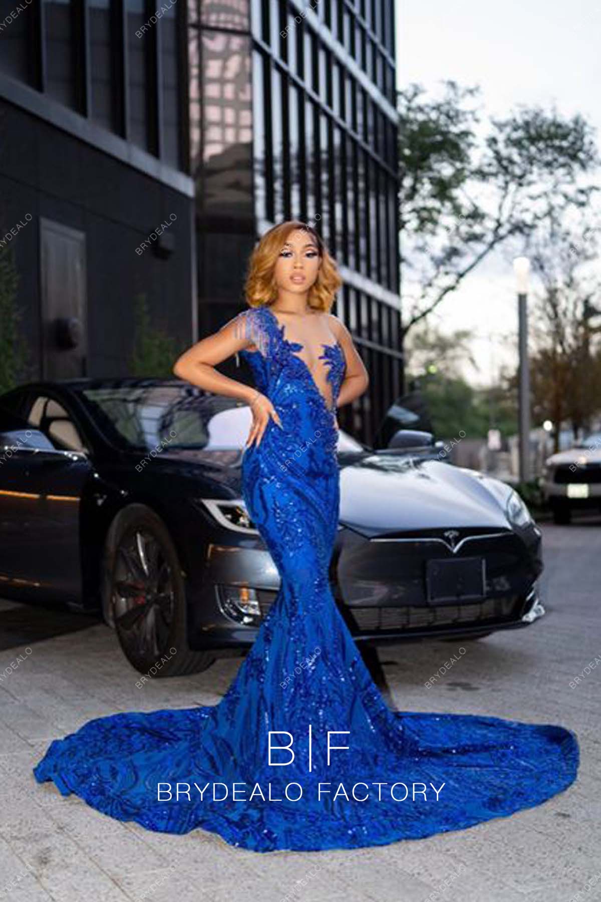 Asymmetrical Plunging Sleeveless Royal Blue Sequin Mermaid Prom Dress Asymmetrical Plunging Sleeveless Royal Blue Sequin Mermaid Prom Dress