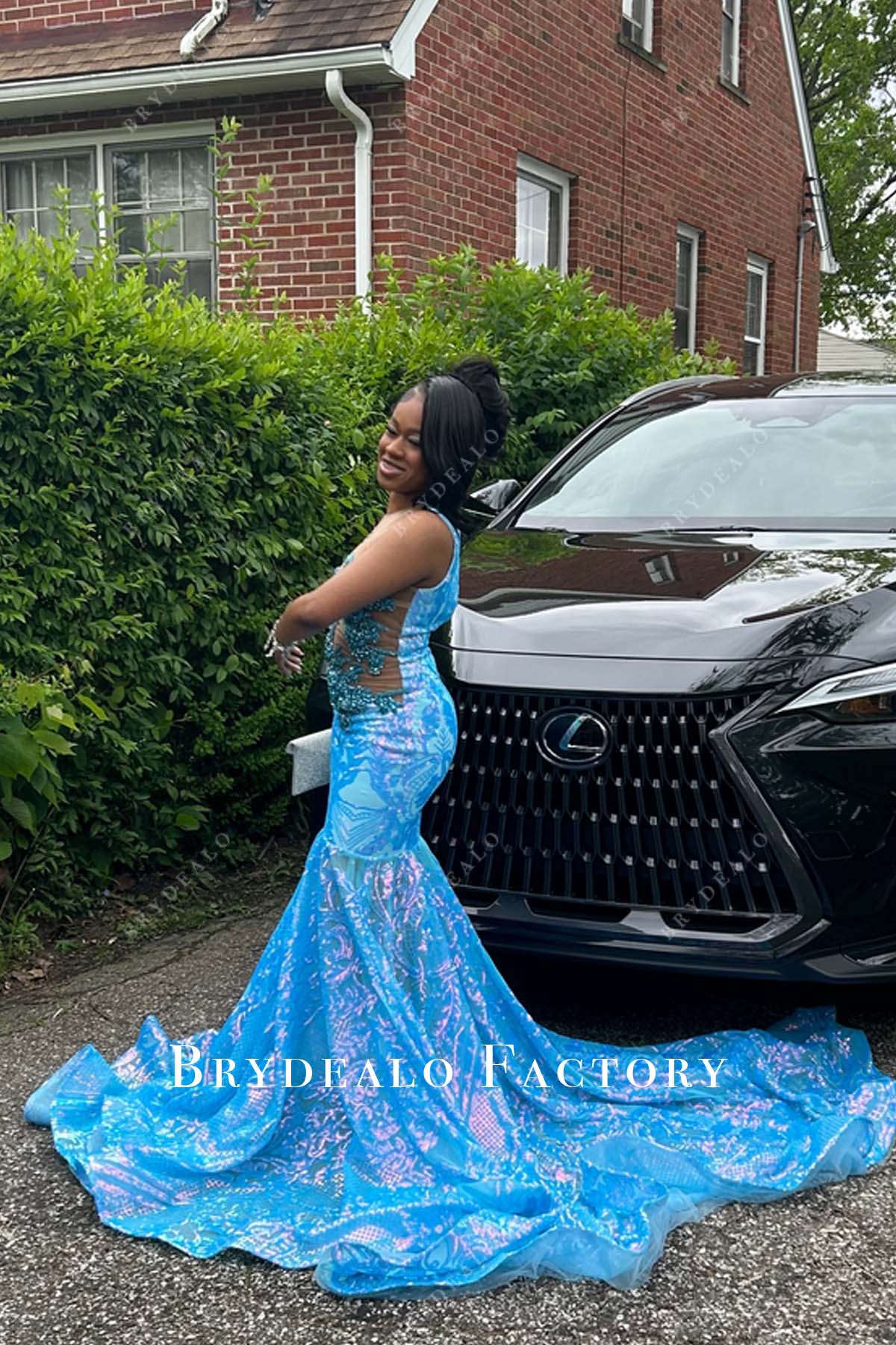 blue sequin chapel train custom prom dress