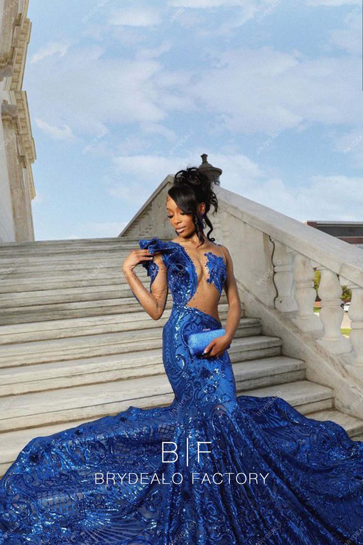 Royal Blue Unique Sequin One Sleeve Mermaid Prom Dress
