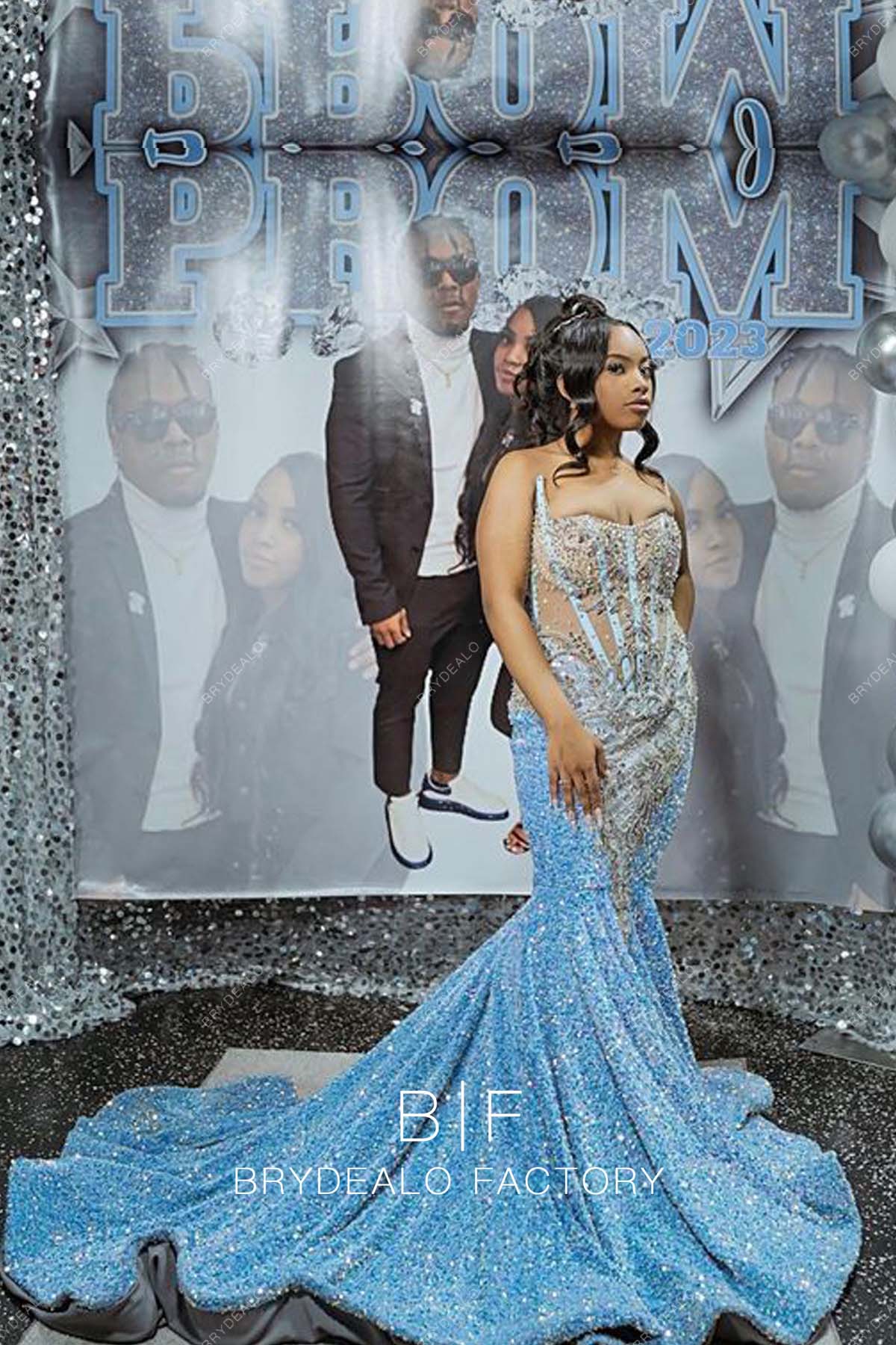 Illusion Corset Sleeveless Sky Blue Sequin Mermaid Prom Dress