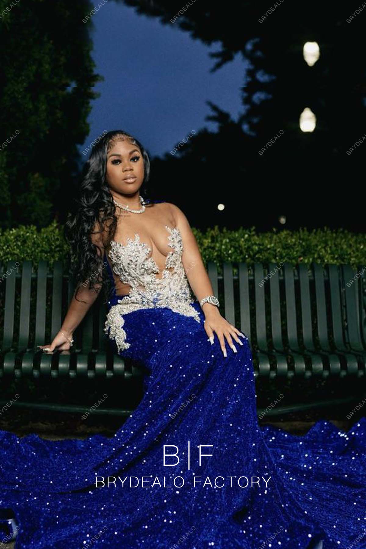 Illusion Plunging Royal Blue Stretchy Sequin Mermaid Prom Dress