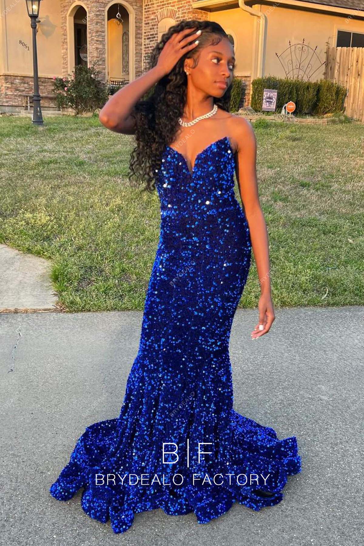 Royal Blue Sequins Strapless Short Court Train Mermaid Prom Dress