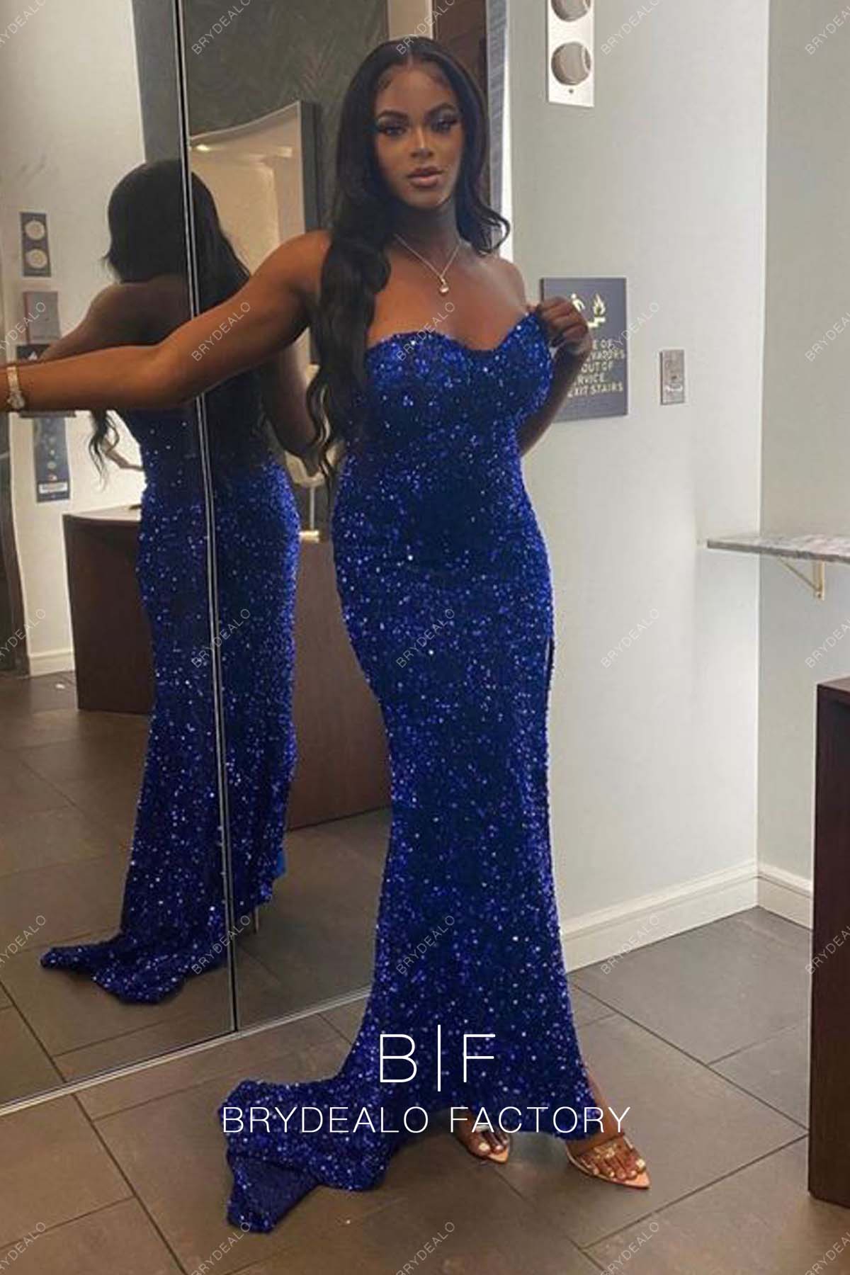 Royal Blue Sequins Strapless Short Court Train Mermaid Prom Dress
