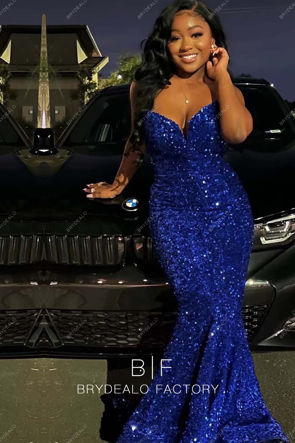 plunging neck sparkly blue sequin mermaid formal gown