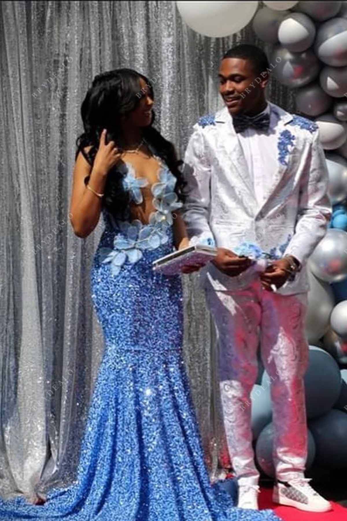 blue sequined illusion neck prom dress