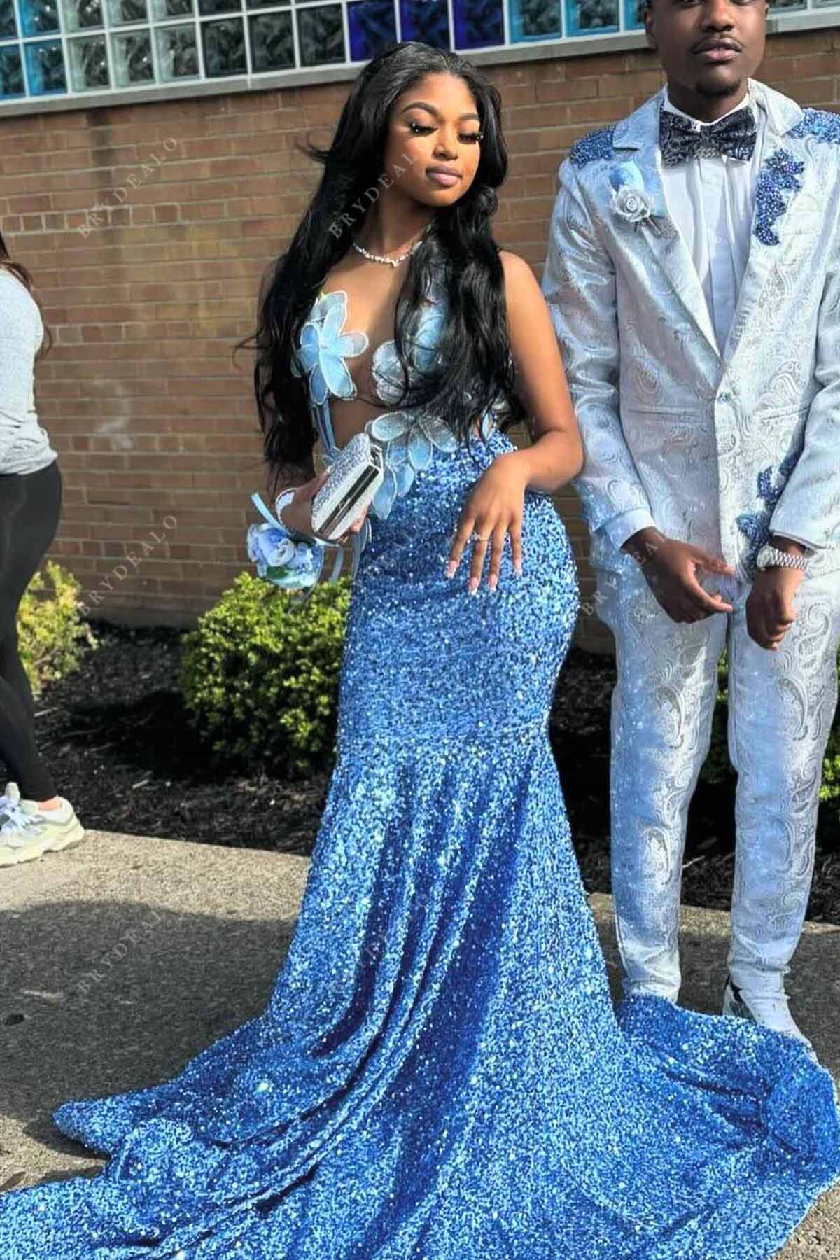 blue sequined trumpet prom dress