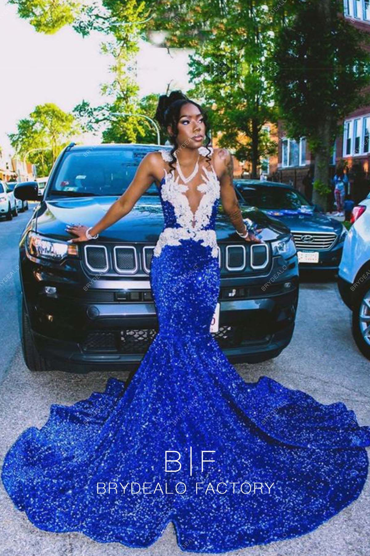 Royal Blue Sequin Mermaid Beaded Plunging Neck Prom Dress