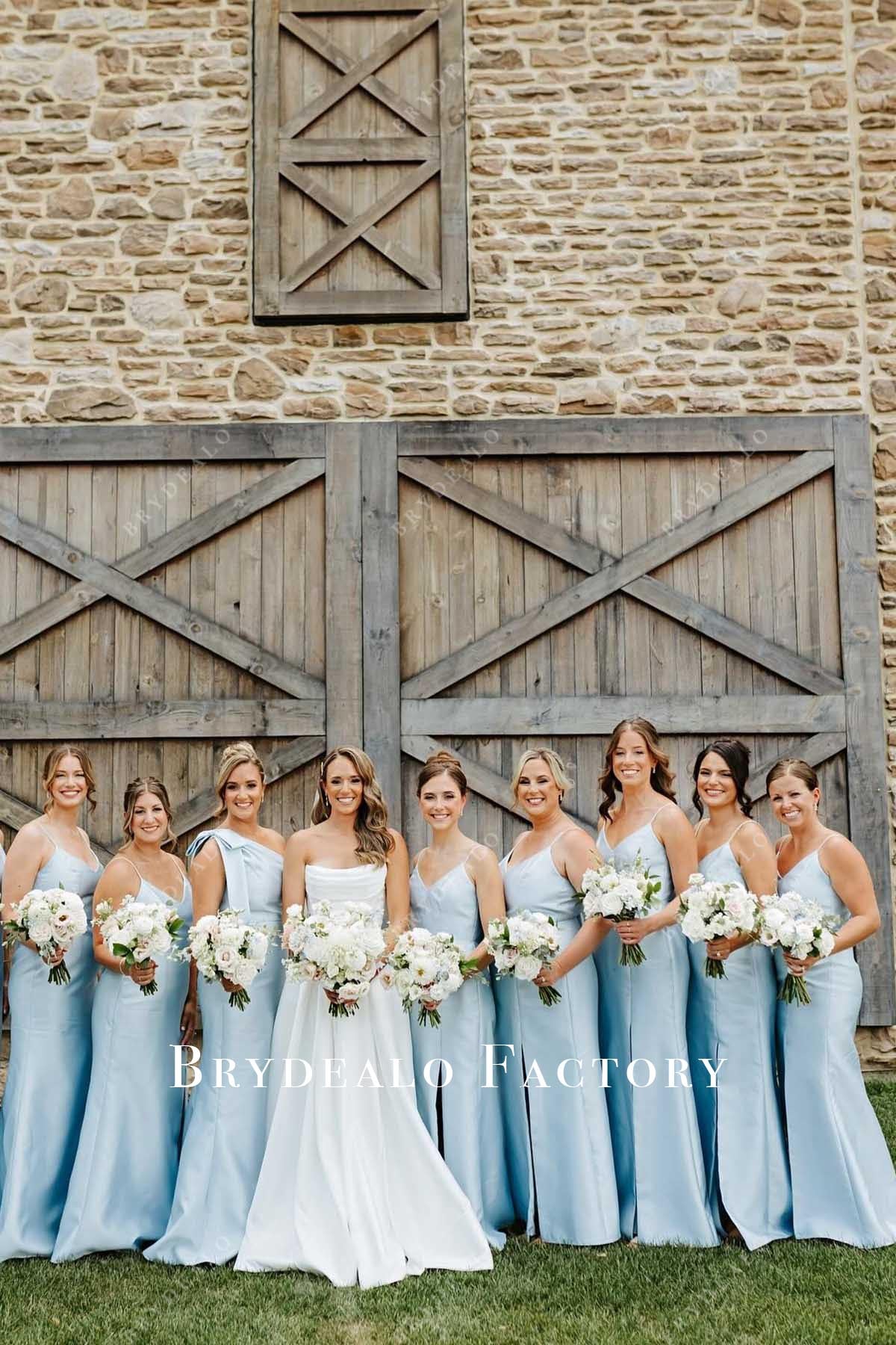blue slit mismatched bridesmaid dresses