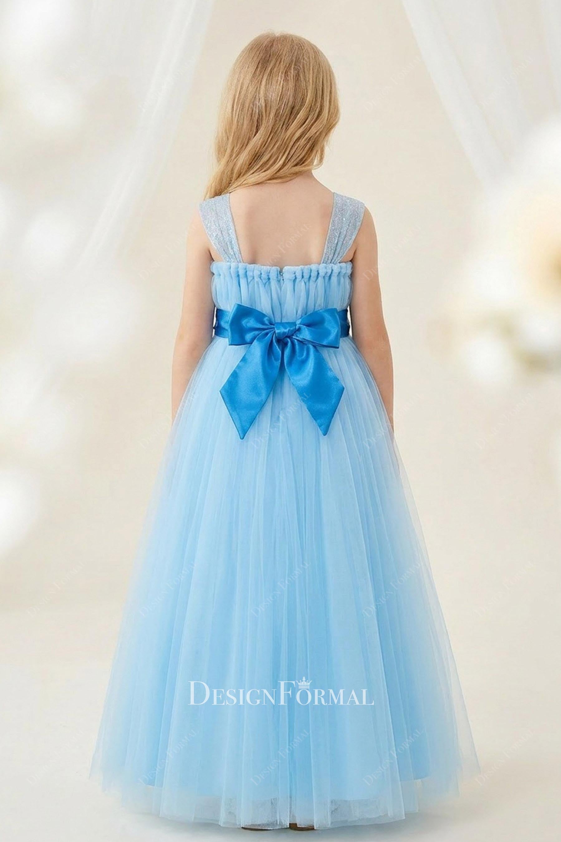 Blue Tulle Lace Strap 3D Floral A-Line Flower Girl Dress