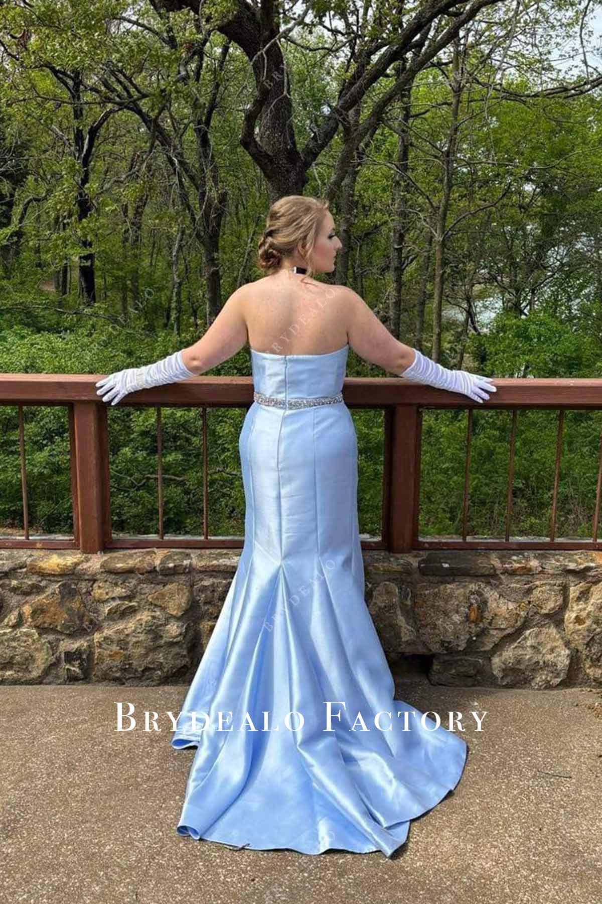 blue strapless court train prom dress
