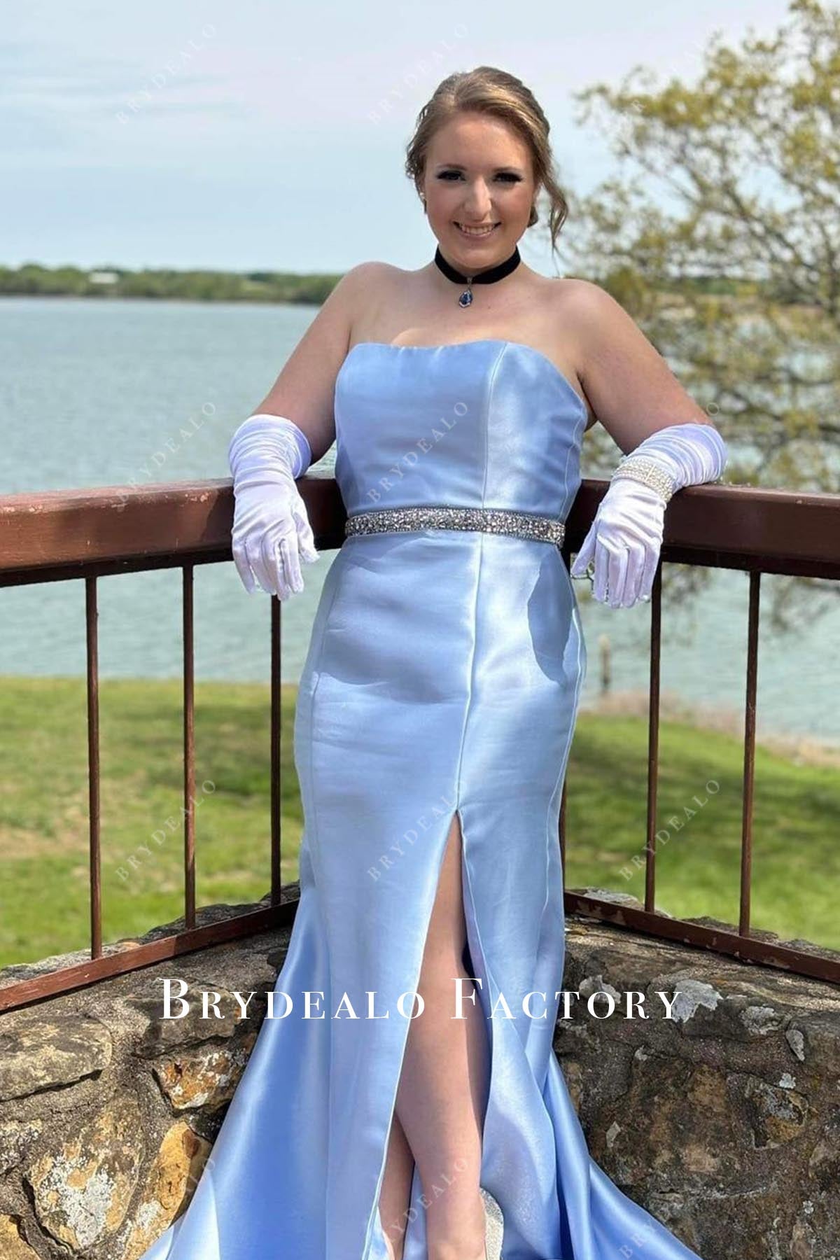 blue strapless prom dress